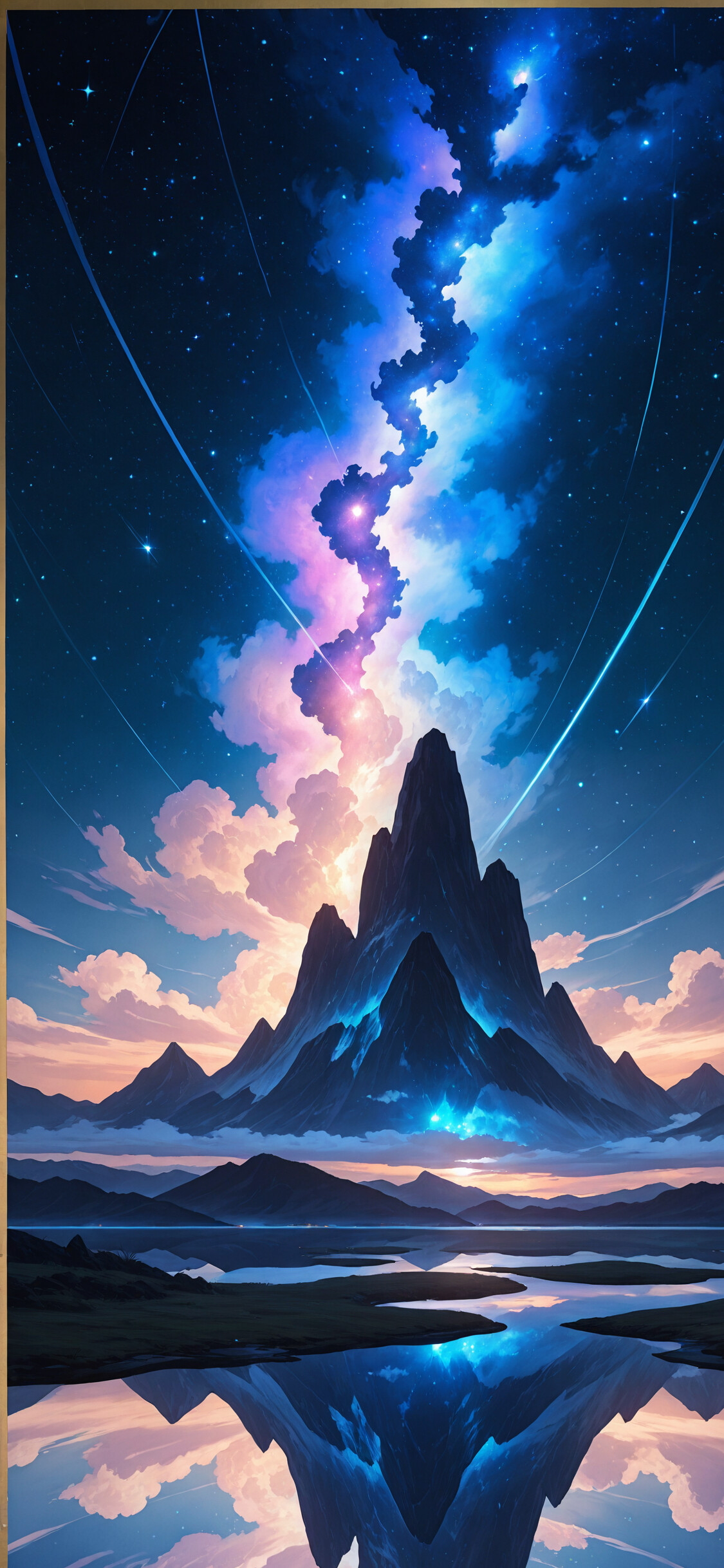 Una figura solitaria, envuelta en una capa, se encuentra frente a una gran montaña escarpada, bajo un cielo nocturno estrellado y colorido, con una nebulosa, y todo esto se refleja en las tranquilas aguas que hay debajo.