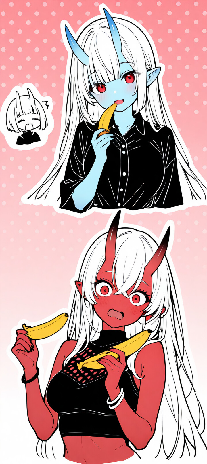 Una chica de anime de piel azul, con el pelo largo y blanco, ojos rojos y unos cuernos con las puntas rojas, que parece estar muy sorprendida y sonrojada. Lleva una camiseta corta negra con cuello alto sobre un fondo rosa con lunares.