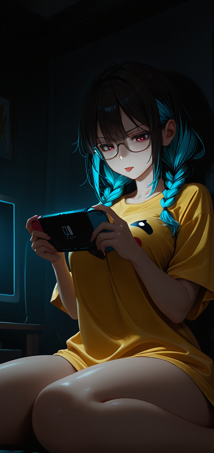 Una chica de anime con el pelo negro y azul recogido en trenzas y gafas, que lleva una camiseta amarilla de gran tamaño, está sentada en una habitación oscura, concentrada mientras juega a una consola de videojuegos portátil.