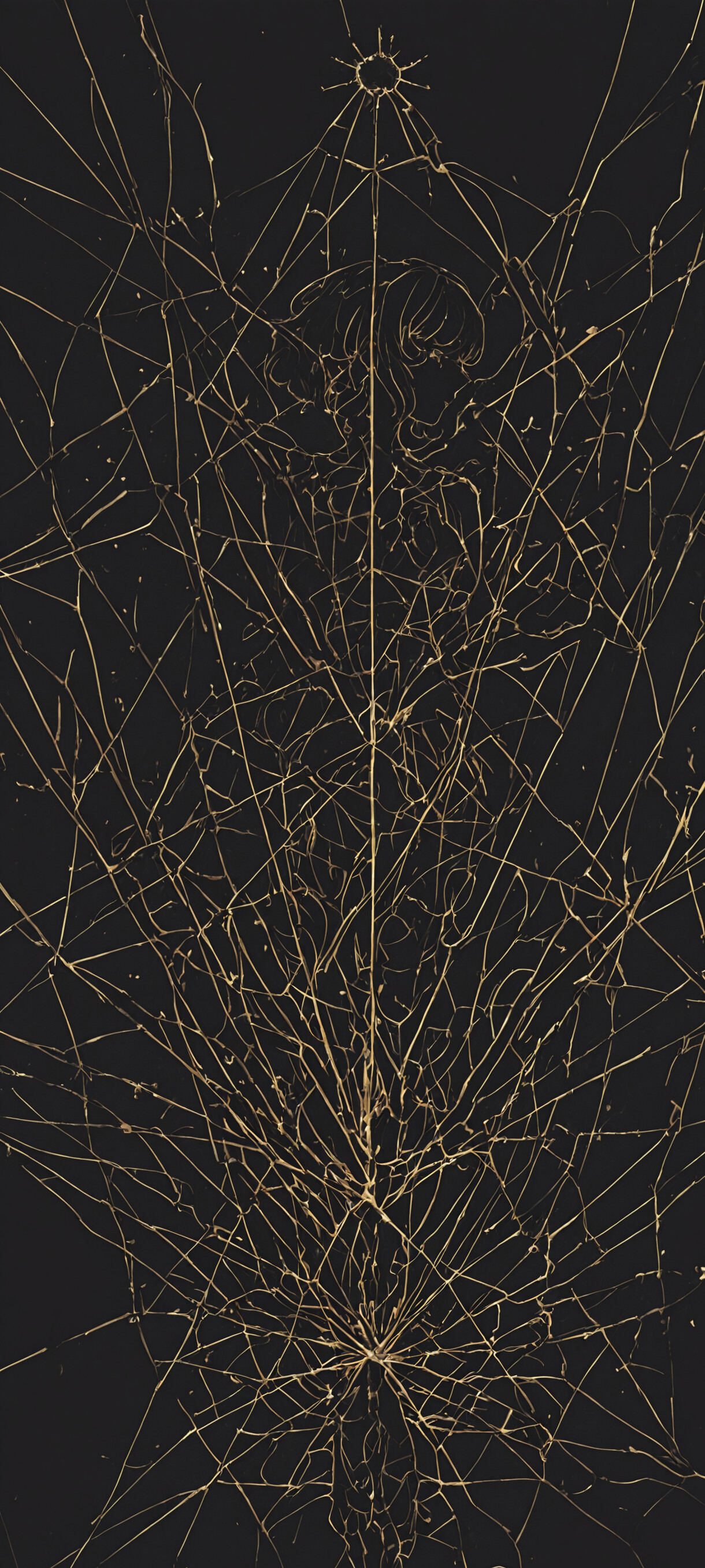 Una obra de arte abstracto moderna que representa a Rei Ayanami, de Neon Genesis Evangelion, de perfil. La imagen es un dibujo lineal en color cobre brillante sobre un fondo de cuadrícula oscura, y el lateral de su cabeza se difumina en una espiral caótica y hermosa.