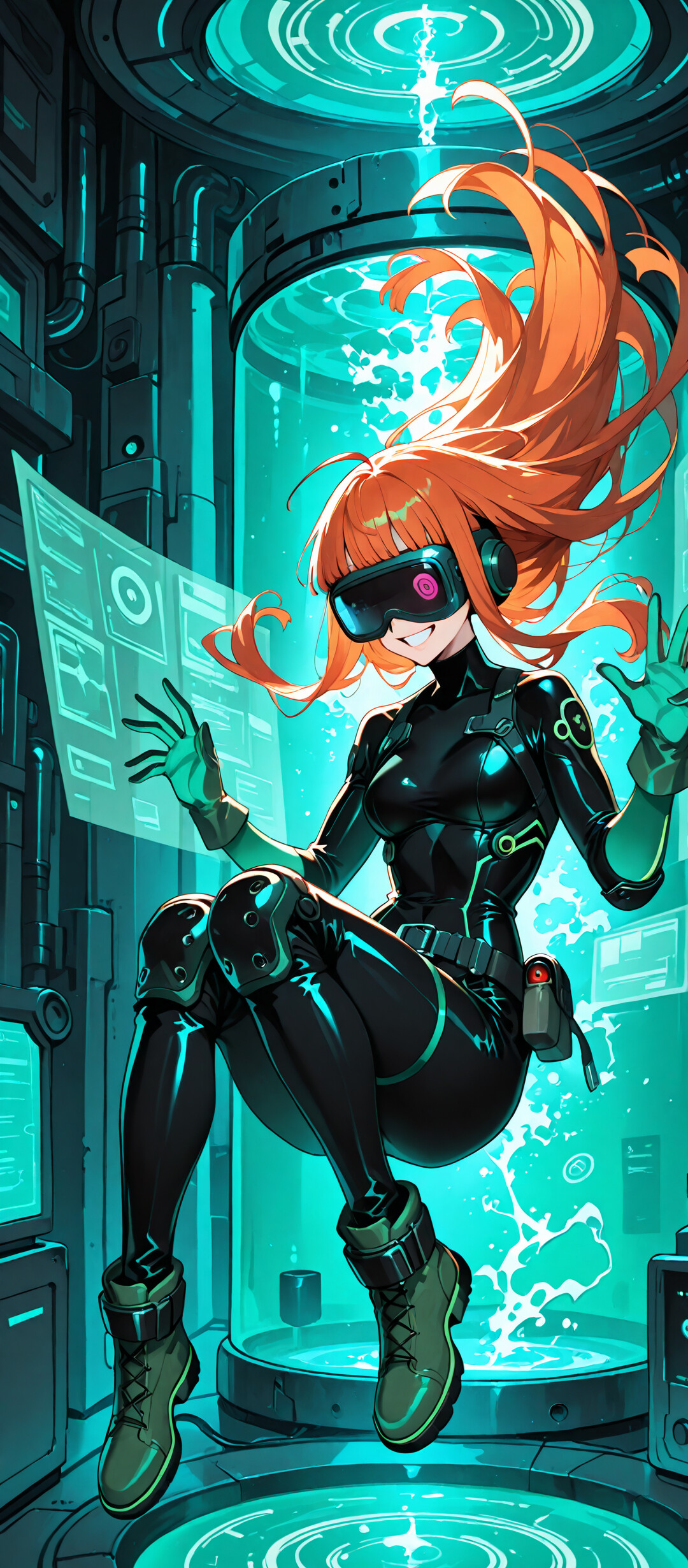 Una ilustración al estilo anime de Futaba Sakura, de Persona 5, flotando en un entorno de ciencia ficción. Tiene el pelo largo y de color naranja, lleva gafas y una amplia sonrisa, y está vestida con su traje negro de Oracle, con un casco de realidad virtual, guantes verdes y botas, y tiene los brazos levantados en el aire.