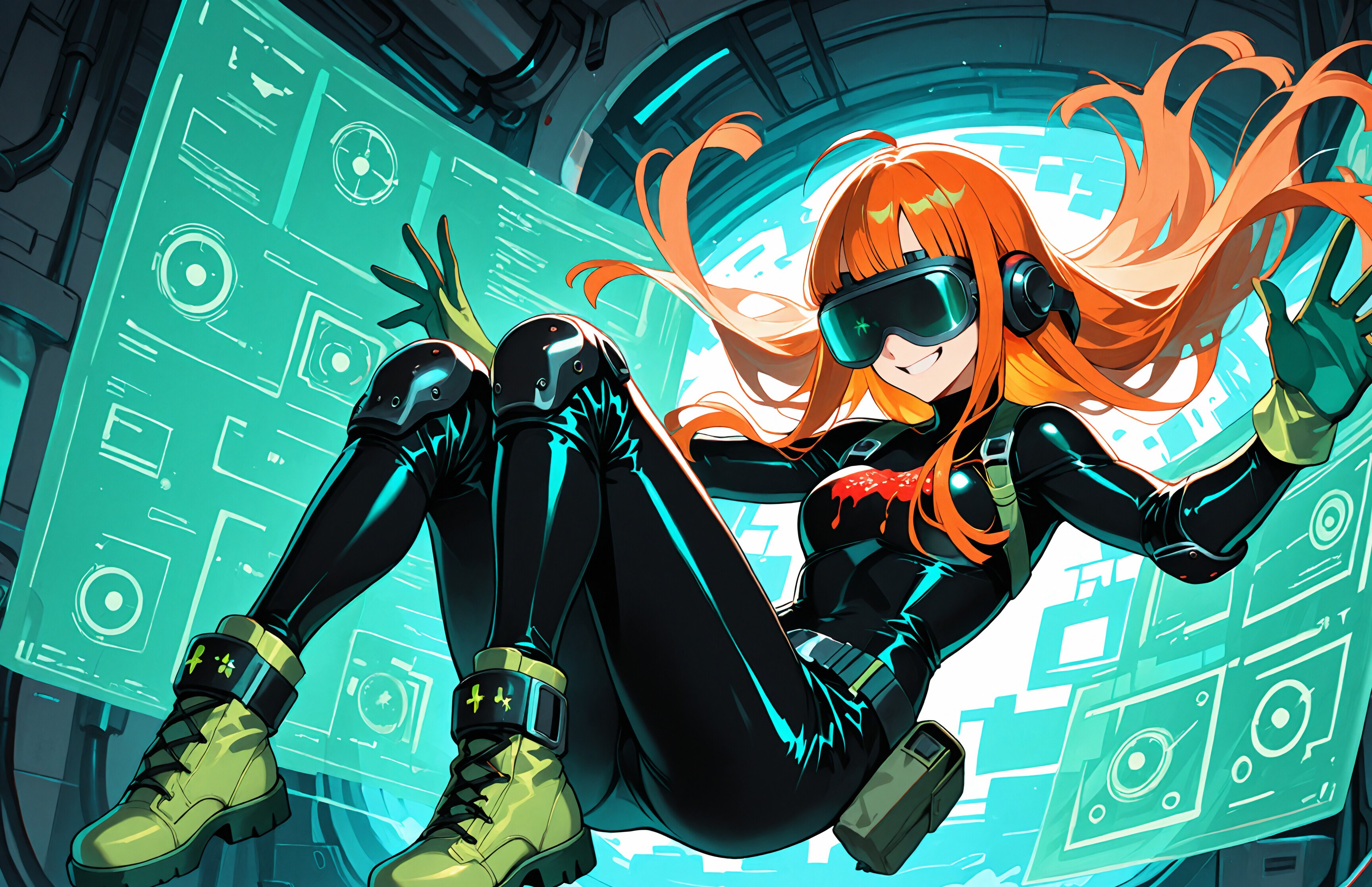 Una ilustración al estilo anime de Futaba Sakura, de Persona 5, flotando en un entorno de ciencia ficción. Tiene el pelo largo y de color naranja, lleva gafas y una amplia sonrisa, y está vestida con su traje negro de Oracle, con un casco de realidad virtual, guantes verdes y botas, y tiene los brazos levantados en el aire.