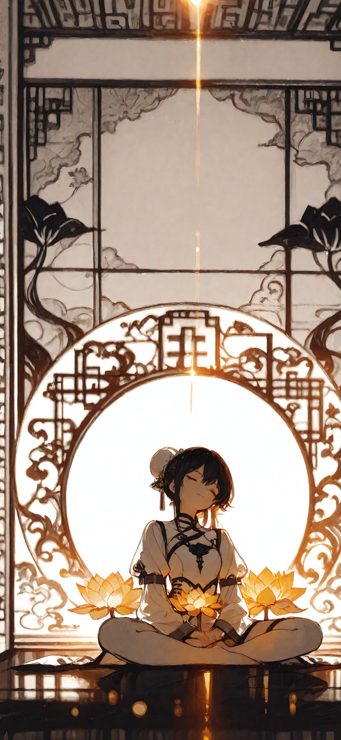 Una chica de anime con el pelo blanco recogido en dos moños medita en posición de loto. Lleva un qipao blanco y está rodeada de flores de loto doradas y un halo brillante, con un fondo de biombos chinos.