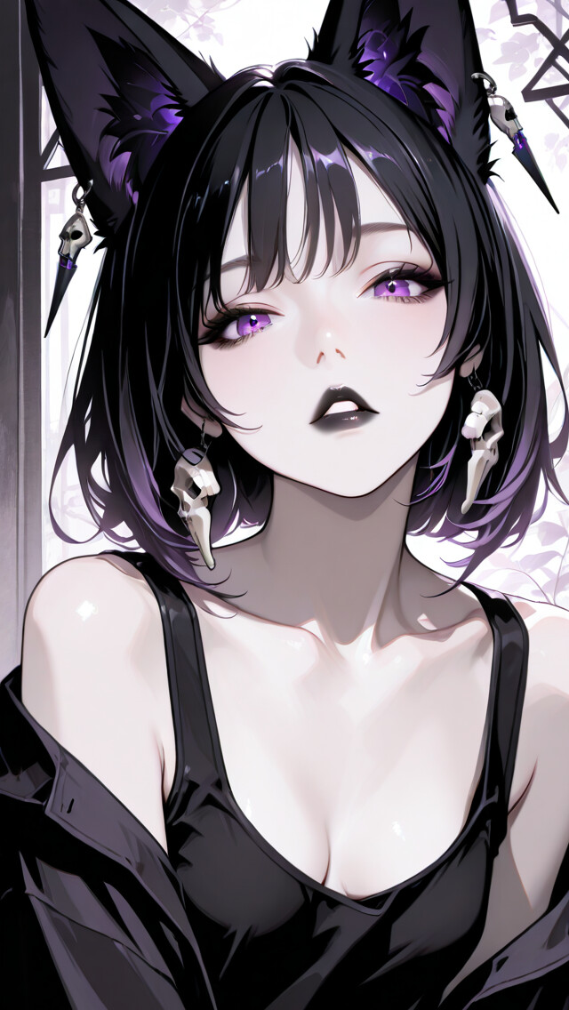Una ilustración de estilo anime que representa a una chica con orejas de zorro negras, ojos morados y lápiz labial negro. Lleva pendientes con forma de calavera y una camiseta sin mangas negra, y mira directamente al espectador con una expresión seductora.