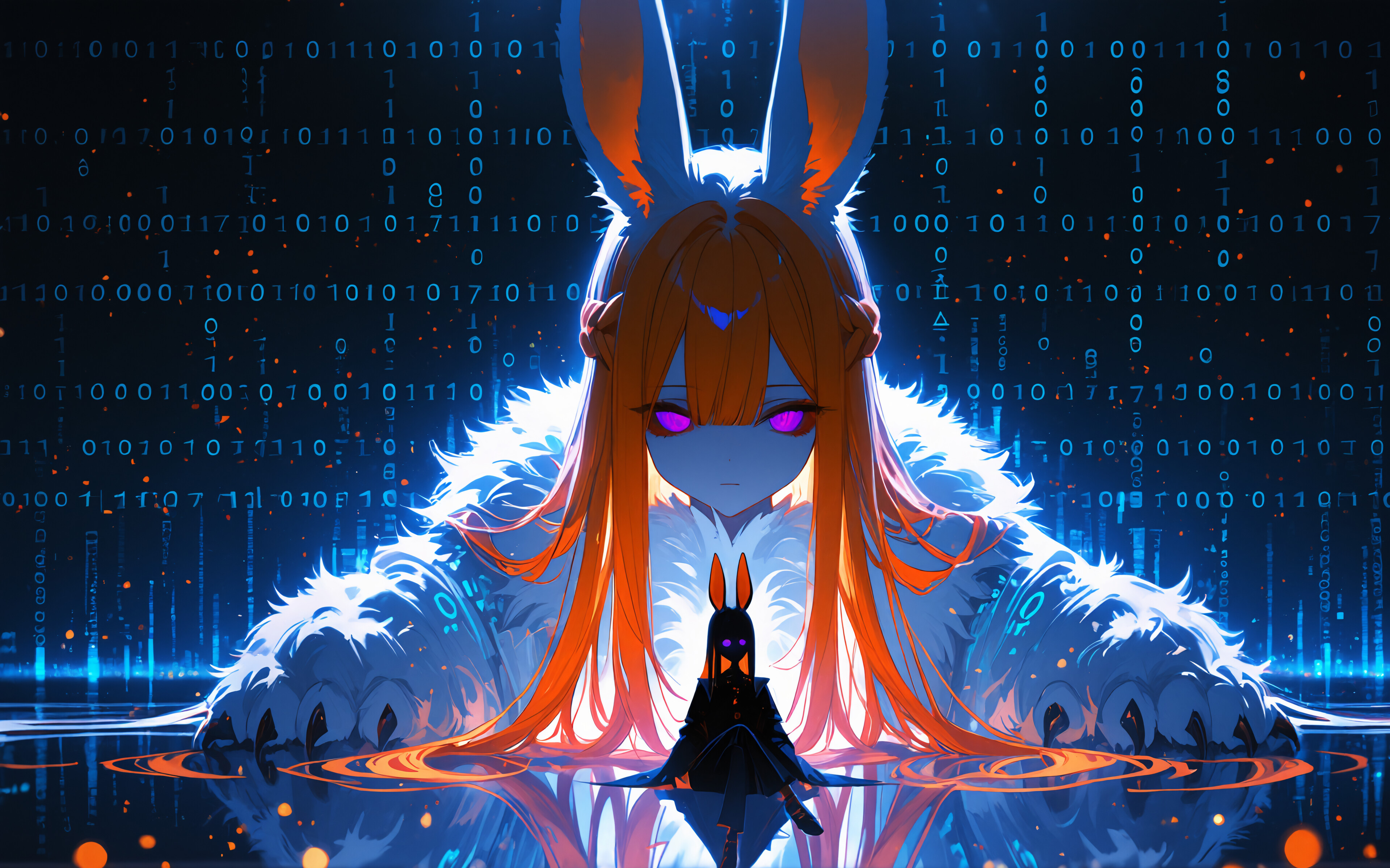Una ilustración de estilo anime que representa a una niña de cabello naranja y orejas de conejo, sentada frente a un conejo blanco gigante y brillante que tiene un tercer ojo, todo ello en un mundo digital futurista con código binario que cae.
