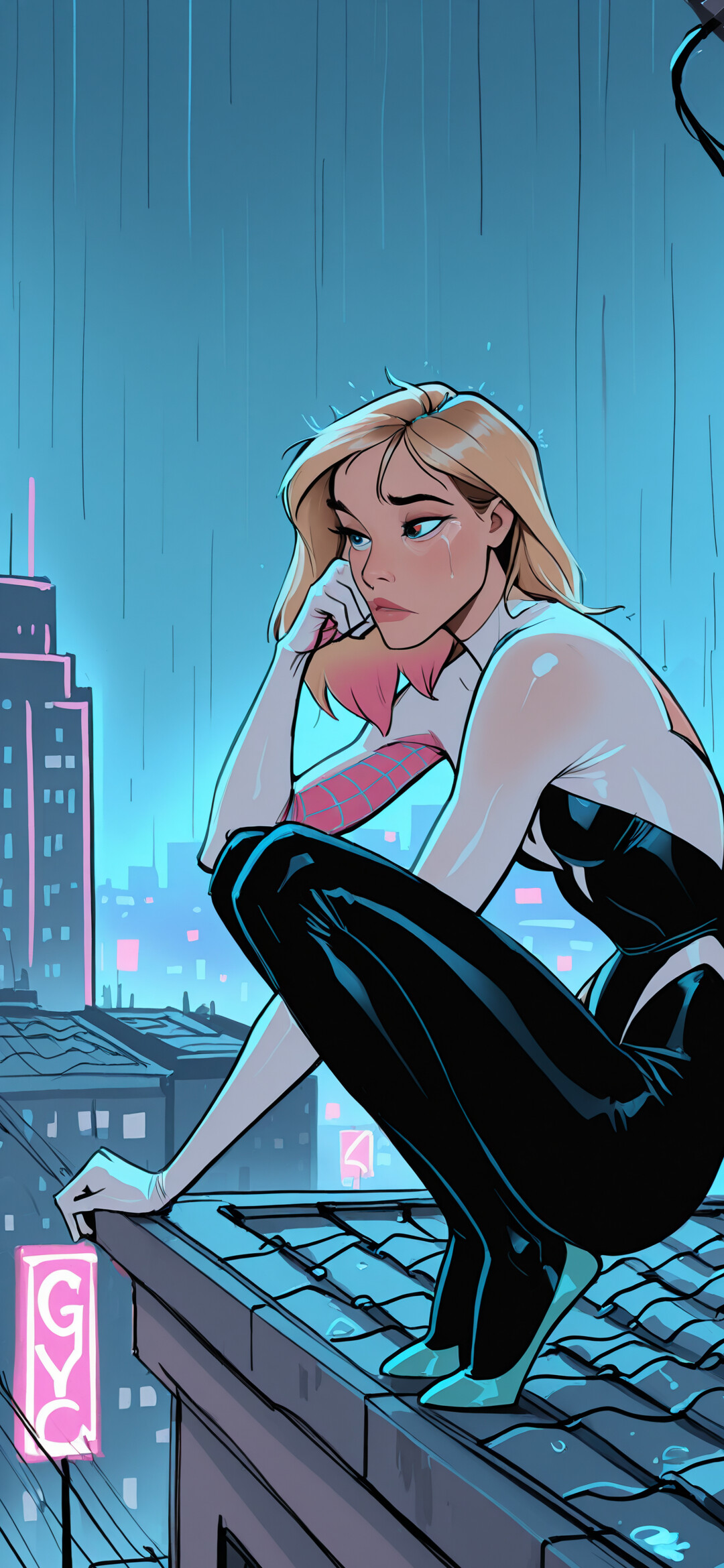 Gwen Stacy, interpretando a Spider-Gwen, con su icónico traje en blanco y negro, agachada y pensativa sobre el techo húmedo de un edificio en una ciudad lluviosa, iluminada por luces de neón durante la noche.