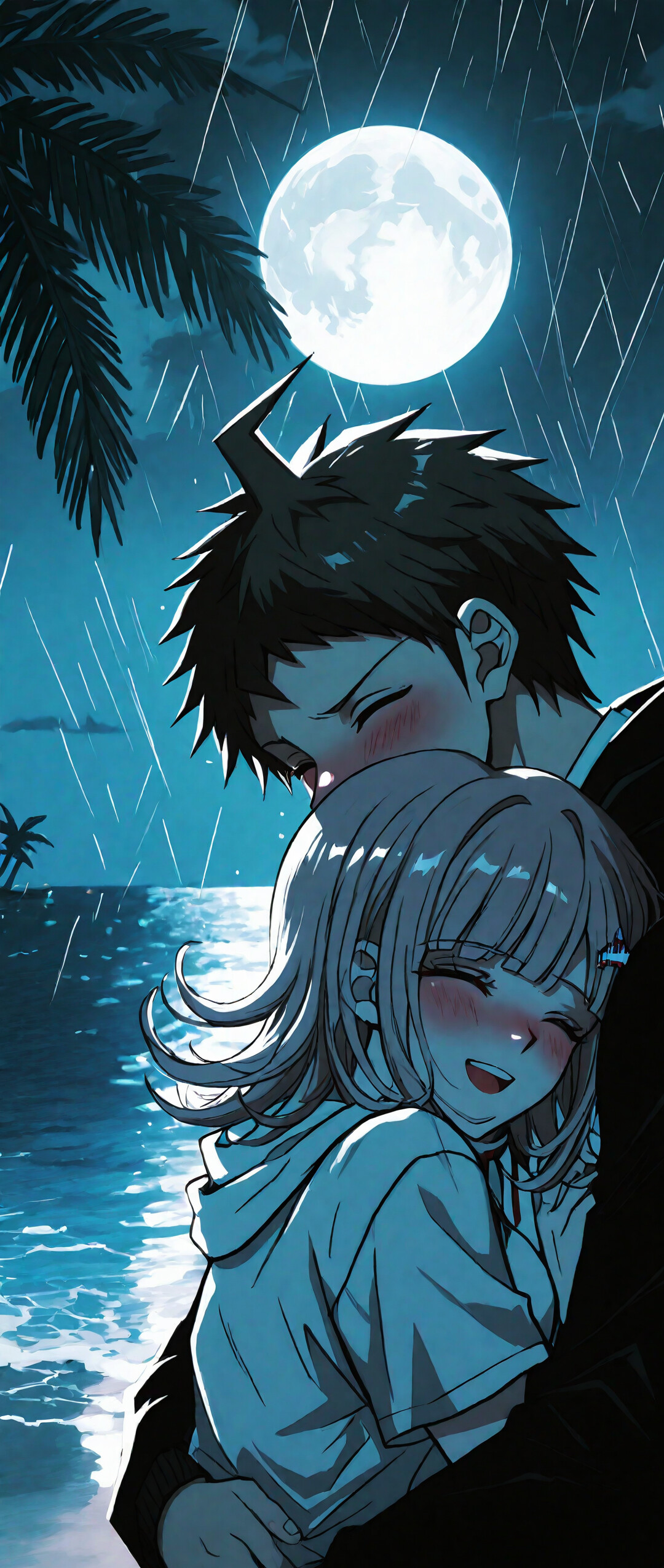 Ilustración de un fan sobre los personajes Hajime Hinata y Chiaki Nanami, de la serie Danganronpa, abrazándose cariñosamente en una playa lluviosa durante la noche, con una luna llena y palmeras al fondo.