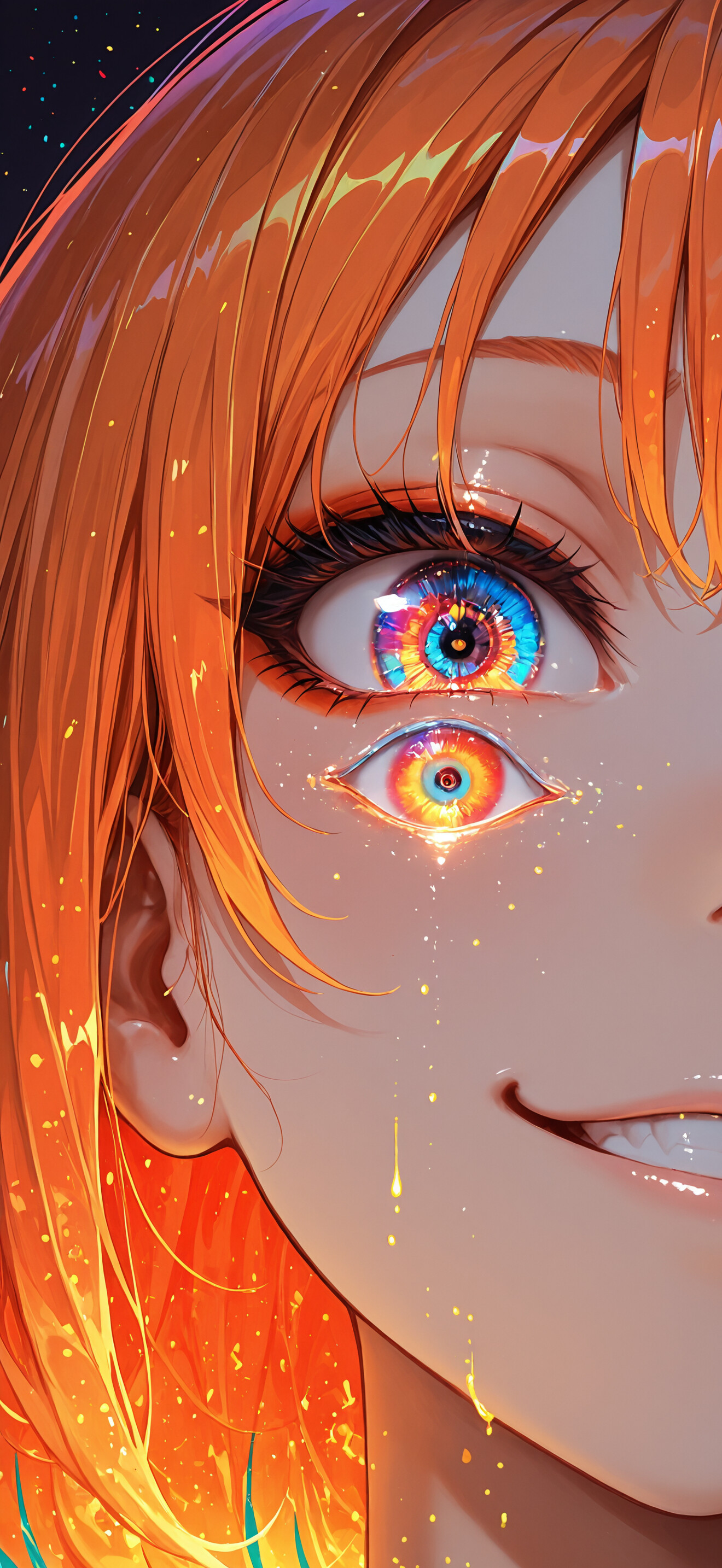 Una ilustración en primer plano de una chica de anime con un cabello naranja brillante y una sonrisa de suficiencia. Sus ojos son el punto central de la imagen, y presentan intrincados diseños luminosos y caleidoscópicos con anillos de colores del arcoíris.