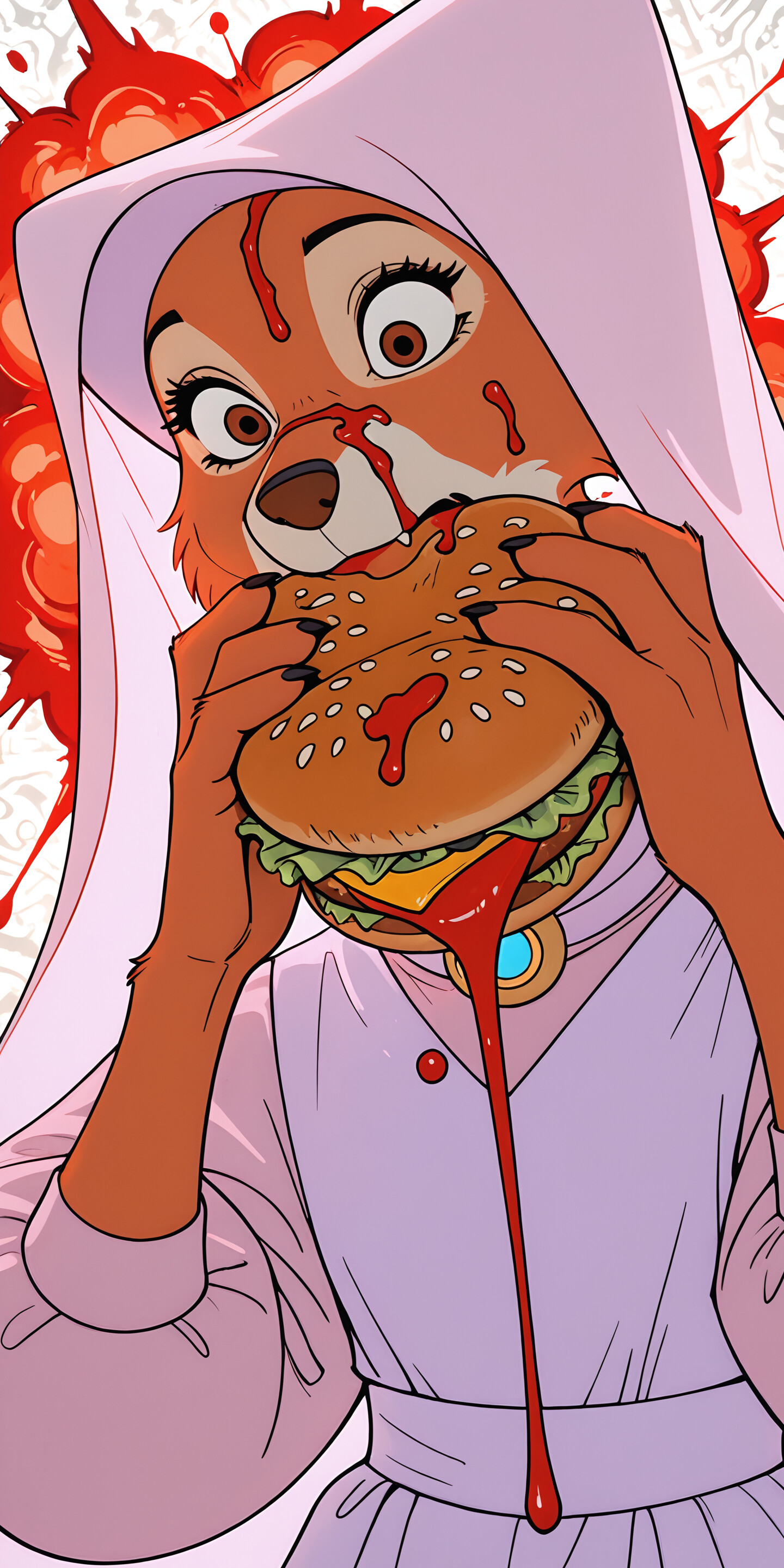 Una ilustración de Maid Marian, la zorra de la película Robin Hood de Disney, con expresión de sorpresa mientras da un mordisco desordenado a una gran hamburguesa con queso. Tiene salsa de tomate en la cara y goteando de la hamburguesa, todo ello sobre un fondo rojo y naranja de colores intensos.