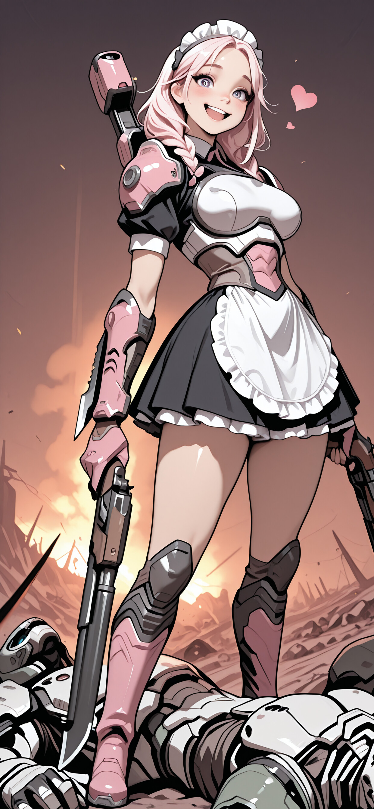 Una chica de anime con el pelo rosa, vestida con un uniforme de criada de combate, sostiene dos escopetas en un campo de batalla en llamas, sonriendo mientras está de pie junto a una criada derrotada. En el fondo, se ven figuras con la armadura de Doom Slayer.