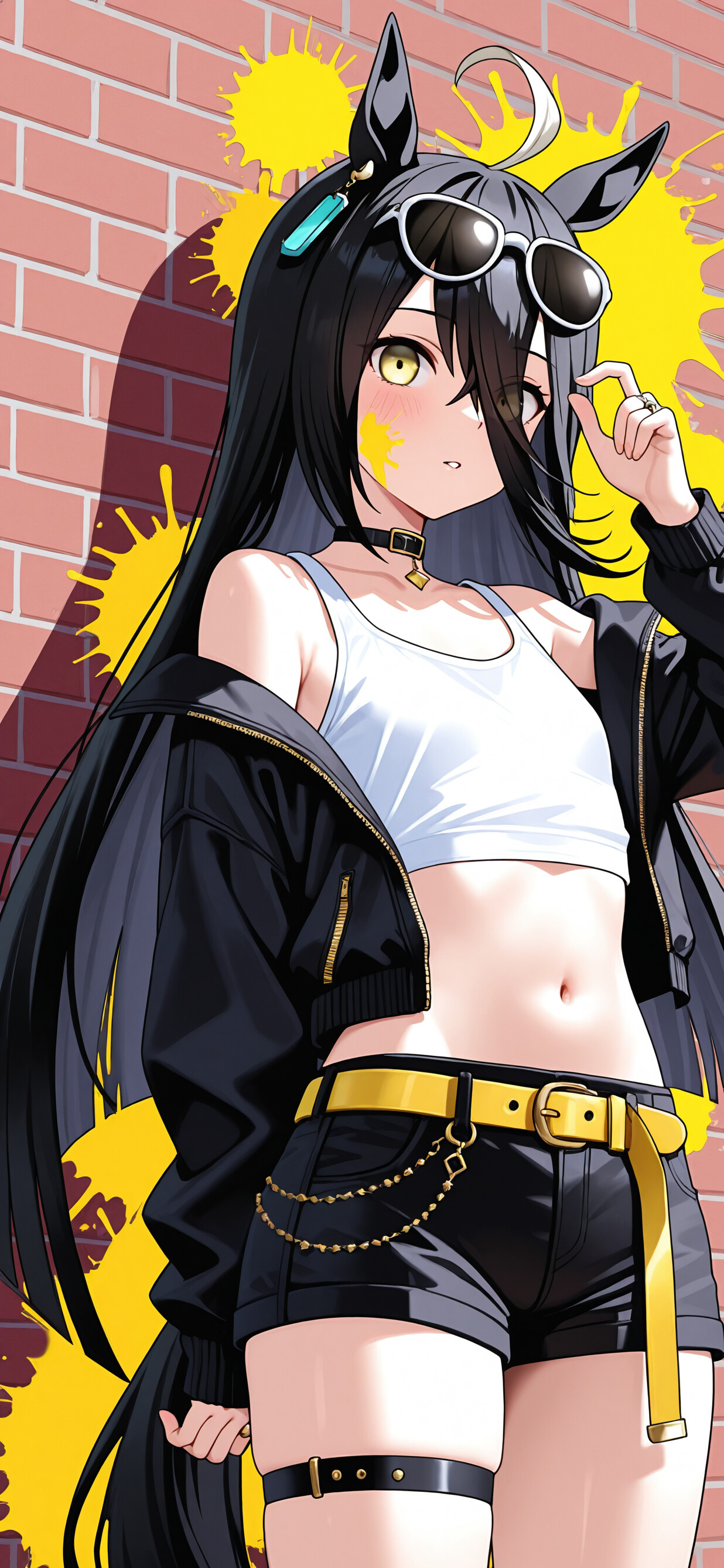 Un personaje de anime, Manhattan Cafe, de la serie Uma Musume, con el pelo largo y negro y orejas de caballo, que lleva un atuendo moderno y urbano compuesto por un top blanco, unos pantalones cortos negros con un cinturón amarillo y una chaqueta negra. Está subiéndose las gafas de sol en la cabeza mientras está de pie frente a una pared de ladrillo.