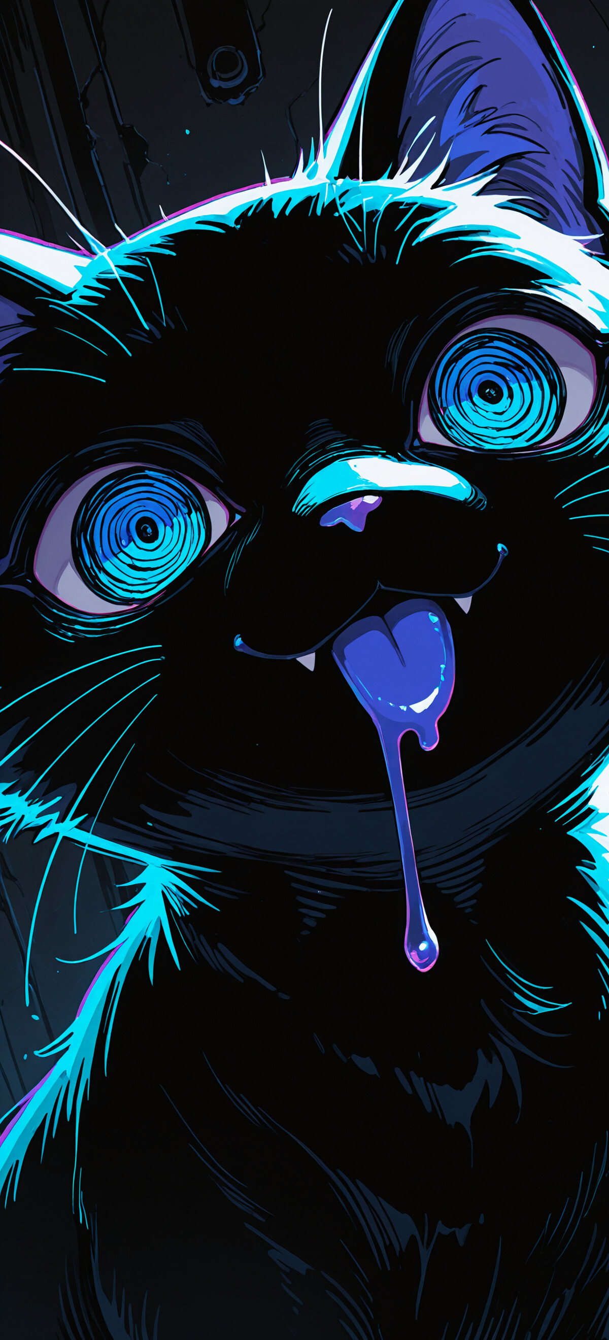 Una ilustración estilizada y de primer plano del rostro de un gato blanco. El gato tiene unos ojos grandes y oscuros con reflejos morados, un pelo negro y puntiagudo en la cabeza y una boca muy abierta con la lengua afuera y babeando. Lleva un collar negro con púas y una campanilla dorada.