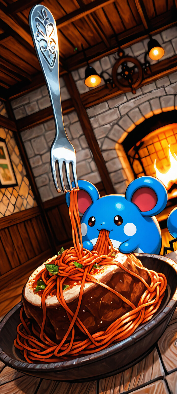 El Pokémon Marill, una criatura redonda de color azul con orejas grandes, está sentado a una mesa de madera en una habitación rústica, comiendo con alegría un gran plato de espaguetis con un tenedor en la boca. En el acogedor fondo se puede ver una chimenea y una estantería con botellas.