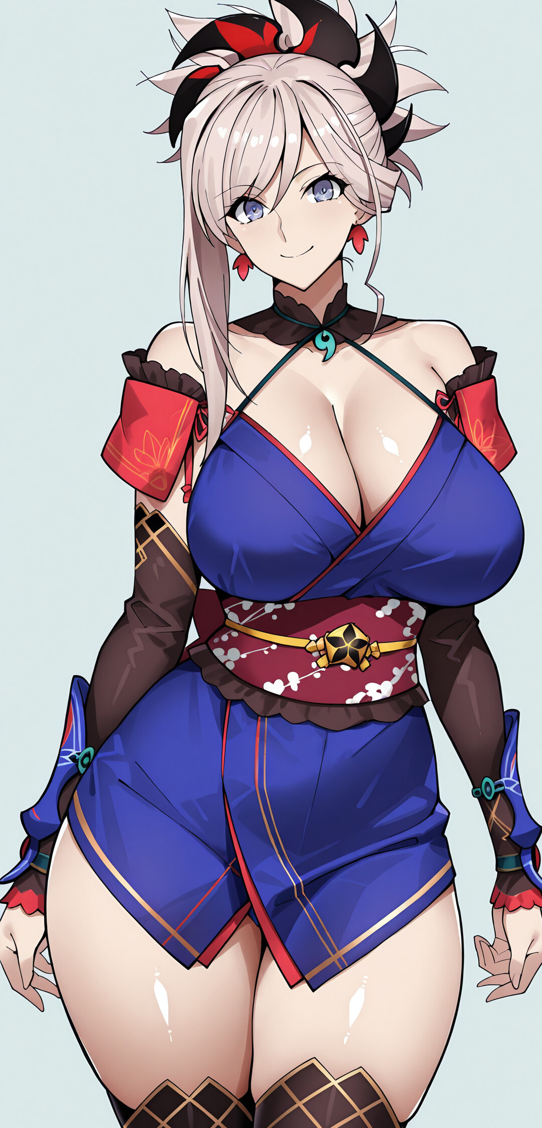 Una ilustración al estilo anime de Miyamoto Musashi, de Fate/Grand Order, sonriendo mientras lleva un kimono azul, protectores marrones en los brazos y el pelo recogido en una coleta alta.