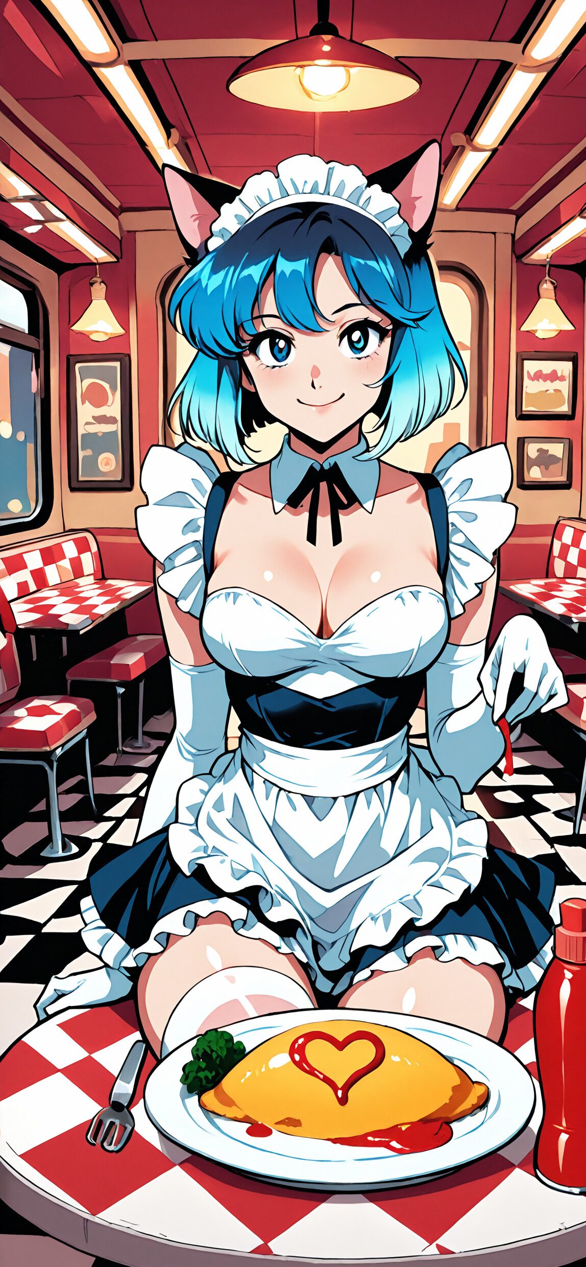 Una chica anime con aspecto de gato, de pelo corto azul y rosa, vestida con un uniforme de camarera, sonríe mientras sostiene una botella de kétchup sobre un plato de omurice decorado con un corazón de kétchup en un restaurante de estilo retro.