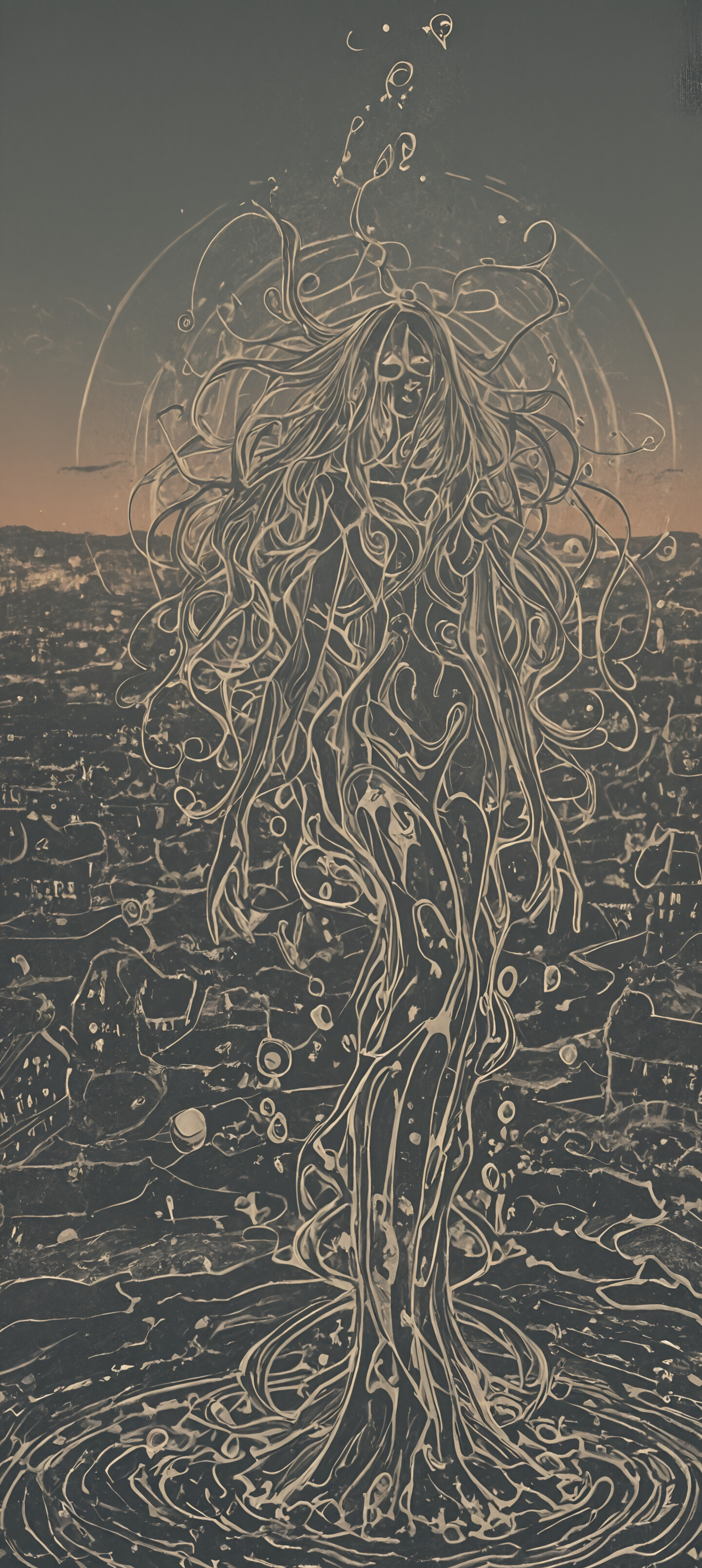 Una pintura abstracta con un fondo oscuro cubierto por una densa y compleja red de líneas y puntos dorados que se entrelazan. En la parte superior central, una única esfera de luz brillante sirve como punto focal.