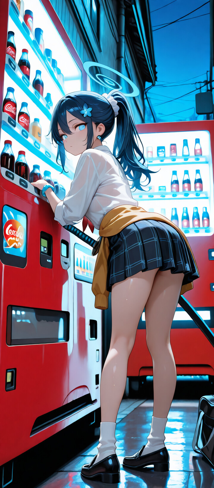 Una chica de anime con el pelo de color azul claro, un halo y unos ojos azules brillantes, identificada como Arona, del universo de Blue Archive, está de pie en un callejón oscuro de la ciudad, sosteniendo una katana azul brillante junto a una máquina expendedora roja.