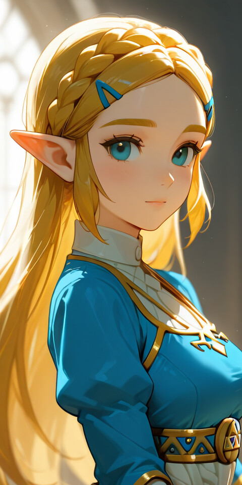 Una ilustración al estilo anime de la princesa Zelda, de la saga The Legend of Zelda. Tiene el pelo largo y rubio, recogido en una trenza con forma de corona, ojos azules y orejas puntiagudas, y está mirando por encima del hombro mientras lleva un atuendo azul y dorado.