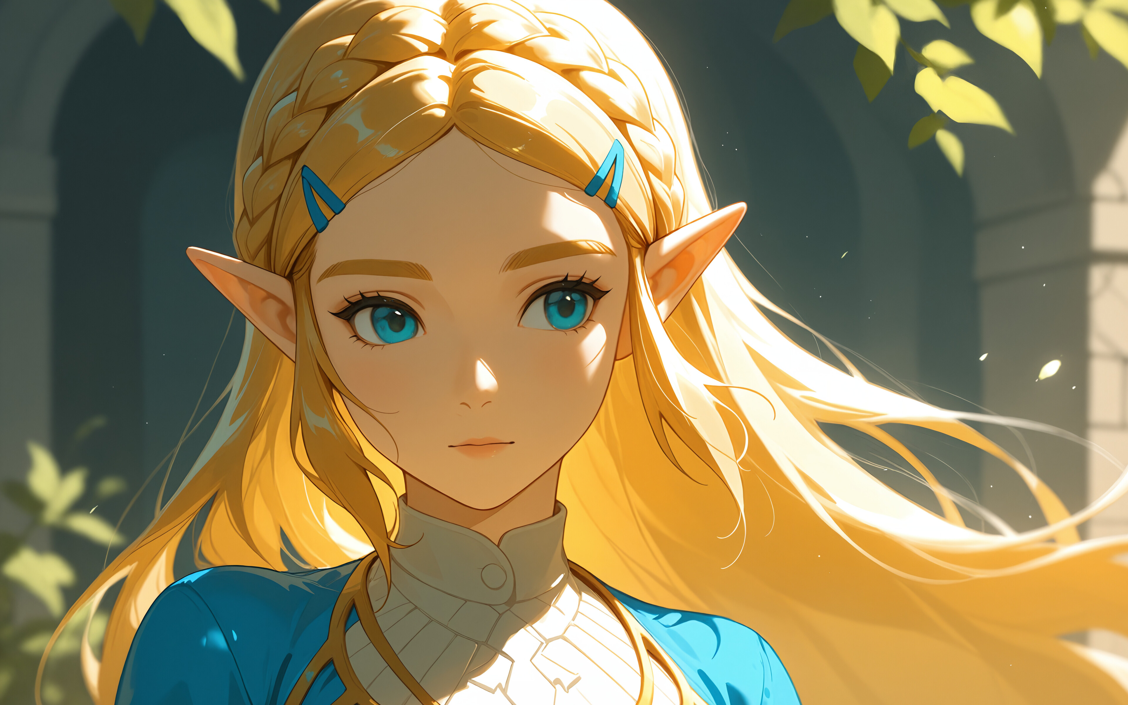 Una ilustración al estilo anime de la princesa Zelda, de la saga The Legend of Zelda. Tiene el pelo largo y rubio, recogido en una trenza con forma de corona, ojos azules y orejas puntiagudas, y está mirando por encima del hombro mientras lleva un atuendo azul y dorado.
