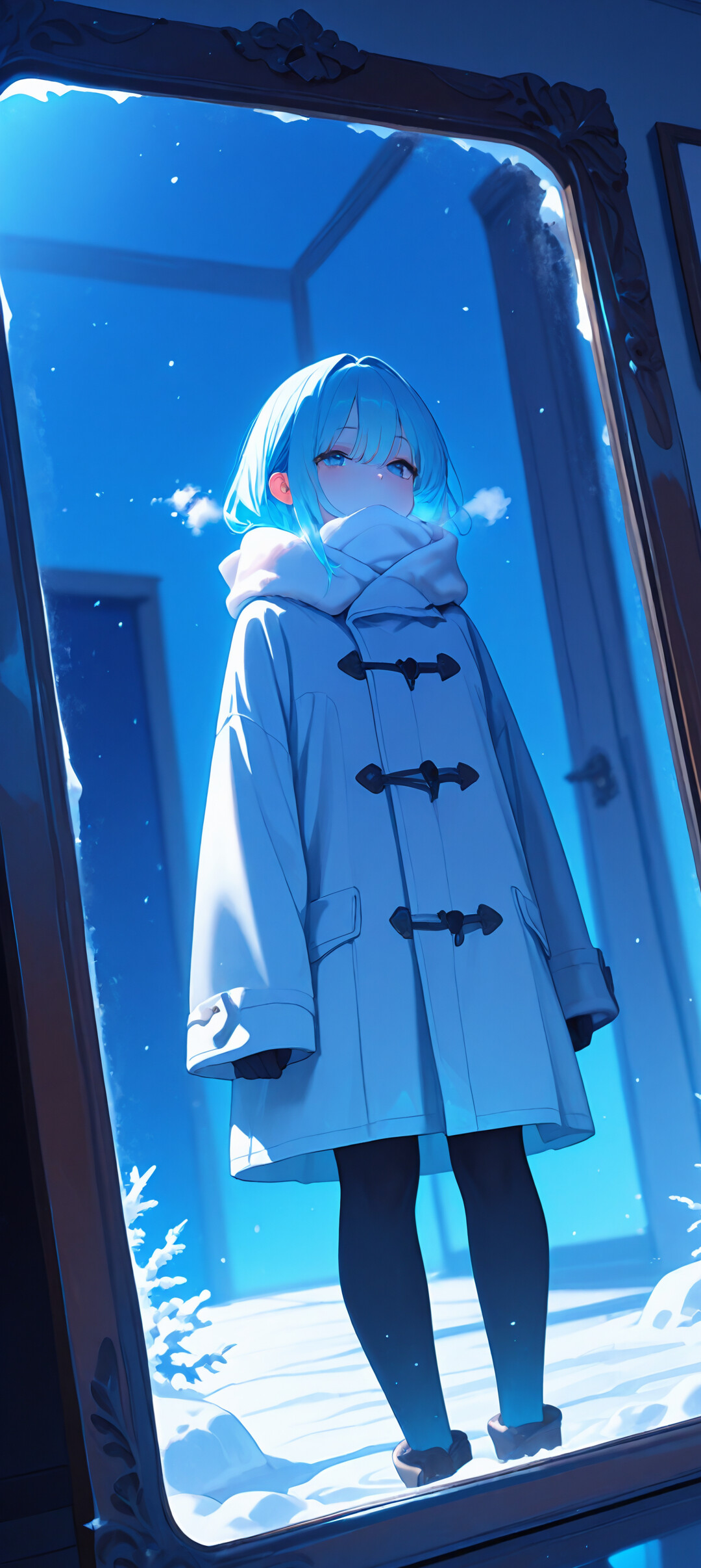 Una chica de anime, con el pelo de color azul claro y una bufanda blanca, mira por la ventana a un paisaje nocturno cubierto de nieve. Lleva un abrigo azul y toda la imagen está bañada en una luz fría y azulada.