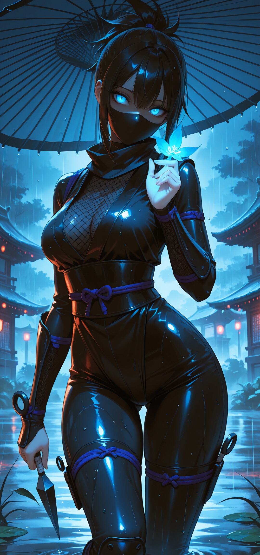 Una ninja de anime, de género femenino, con unos ojos rojos brillantes y vestida con un atuendo negro con capucha, está de pie bajo la lluvia durante la noche. En una mano sostiene un paraguas rojo y en la otra, un kunai. Al fondo, se pueden ver edificios japoneses iluminados por faroles.