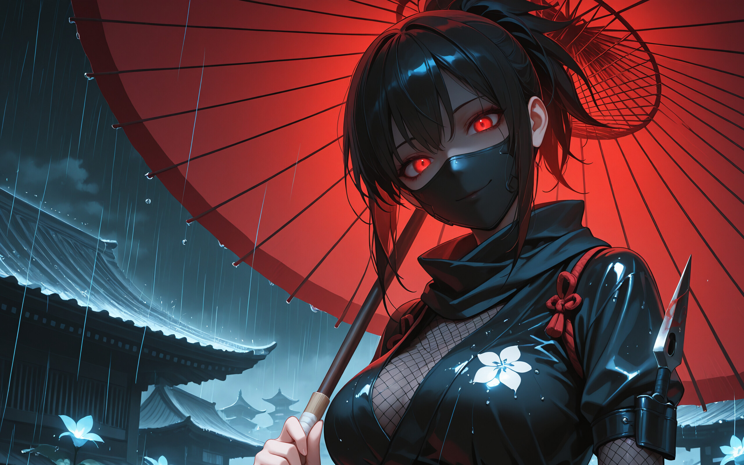 Una ninja de anime, de género femenino, con unos ojos rojos brillantes y vestida con un atuendo negro con capucha, está de pie bajo la lluvia durante la noche. En una mano sostiene un paraguas rojo y en la otra, un kunai. Al fondo, se pueden ver edificios japoneses iluminados por faroles.