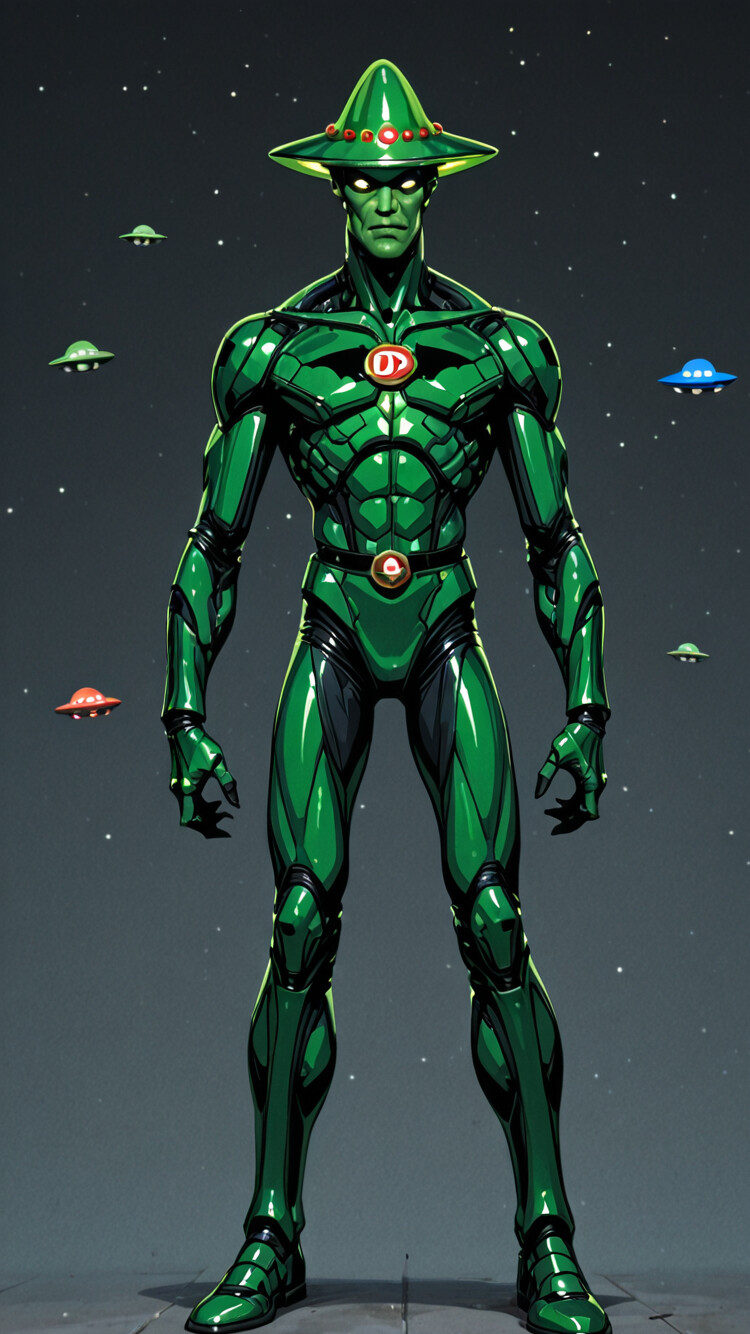 Un gran platillo volante verde, de estilo caricaturesco, con luces amarillas brillantes y una antena, situado sobre un cielo azul oscuro salpicado de estrellas blancas.