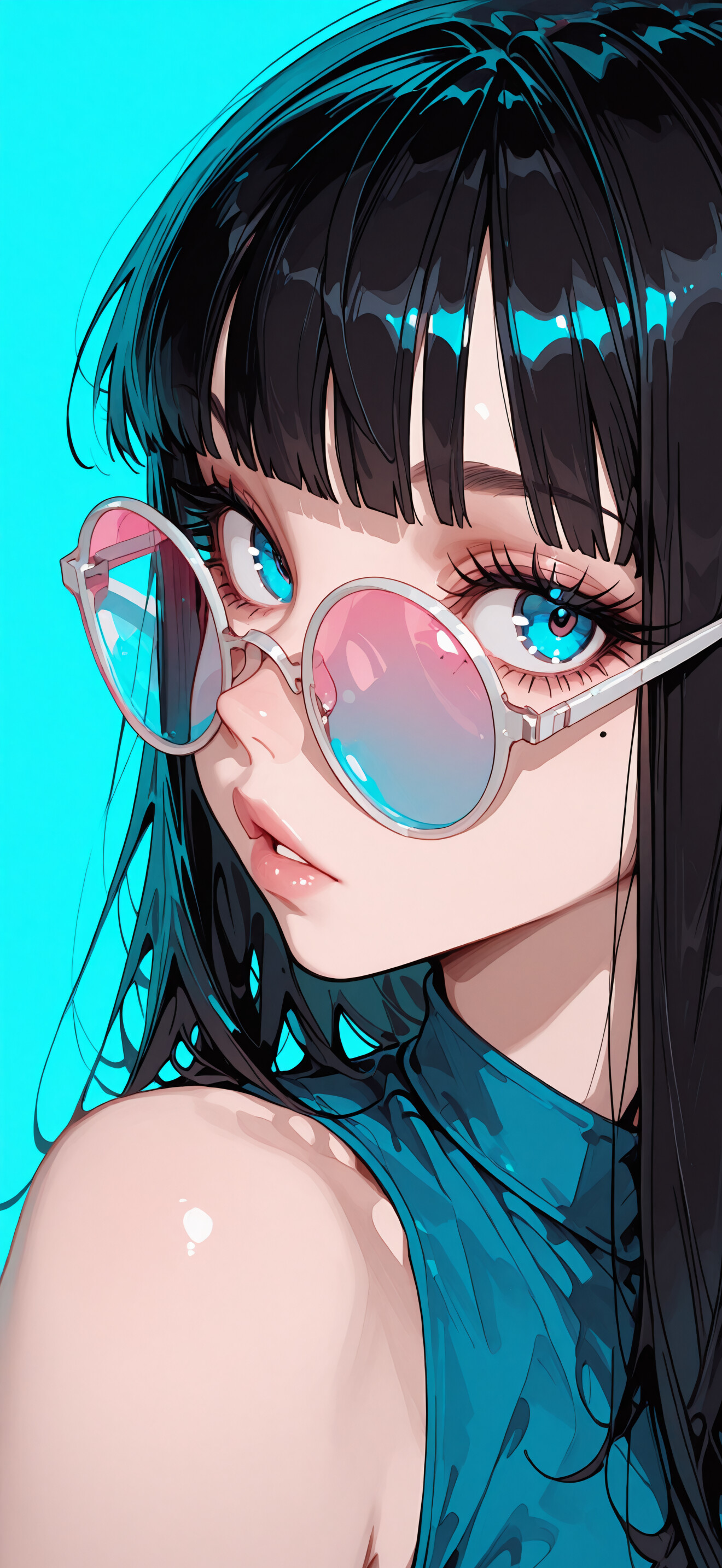 Una ilustración digital en primer plano de una chica al estilo anime, con el pelo largo y negro y un flequillo, que lleva unas gafas grandes y redondas con lentes de color rosa y azul degradado. Tiene unos ojos azules grandes y mira hacia un lado, sobre un fondo azul brillante.