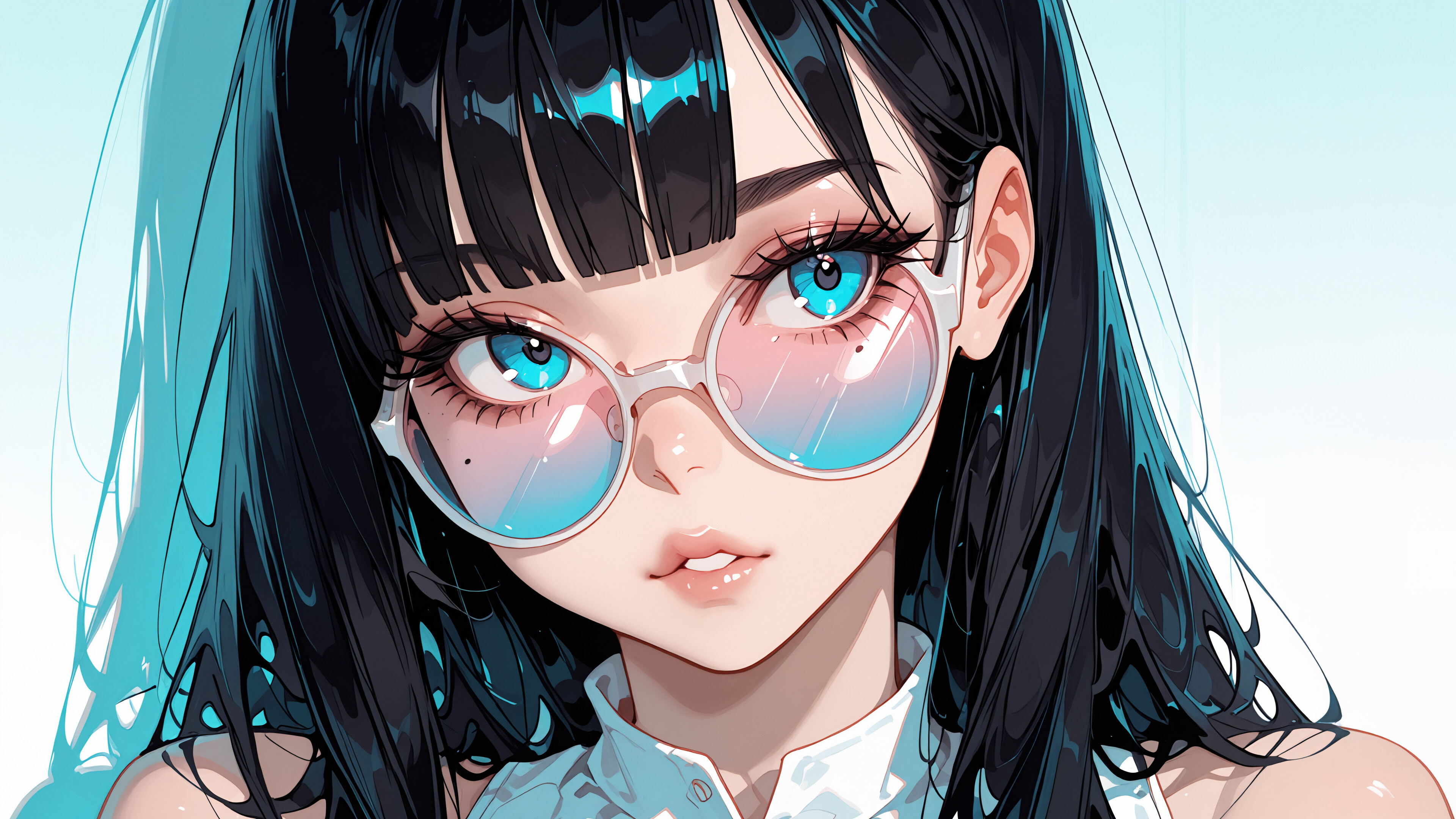 Una ilustración digital en primer plano de una chica al estilo anime, con el pelo largo y negro y un flequillo, que lleva unas gafas grandes y redondas con lentes de color rosa y azul degradado. Tiene unos ojos azules grandes y mira hacia un lado, sobre un fondo azul brillante.