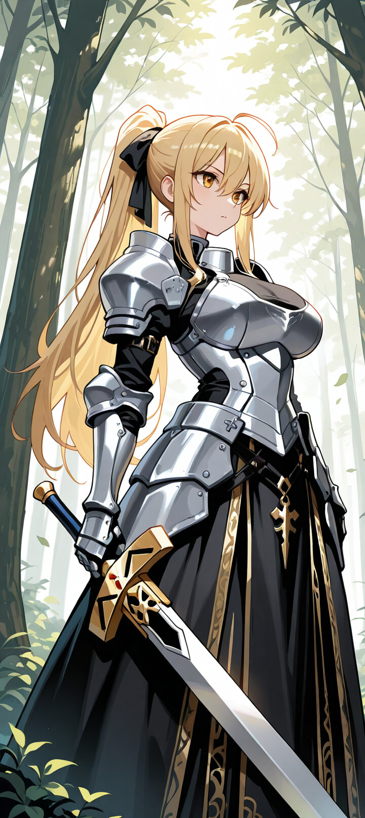 Una ilustración de estilo anime de Saber Artoria Pendragon, una caballero rubia con una armadura plateada completa y un vestido negro, descansando sobre la hierba de un bosque iluminado por el sol, con su espada Excalibur a su lado.