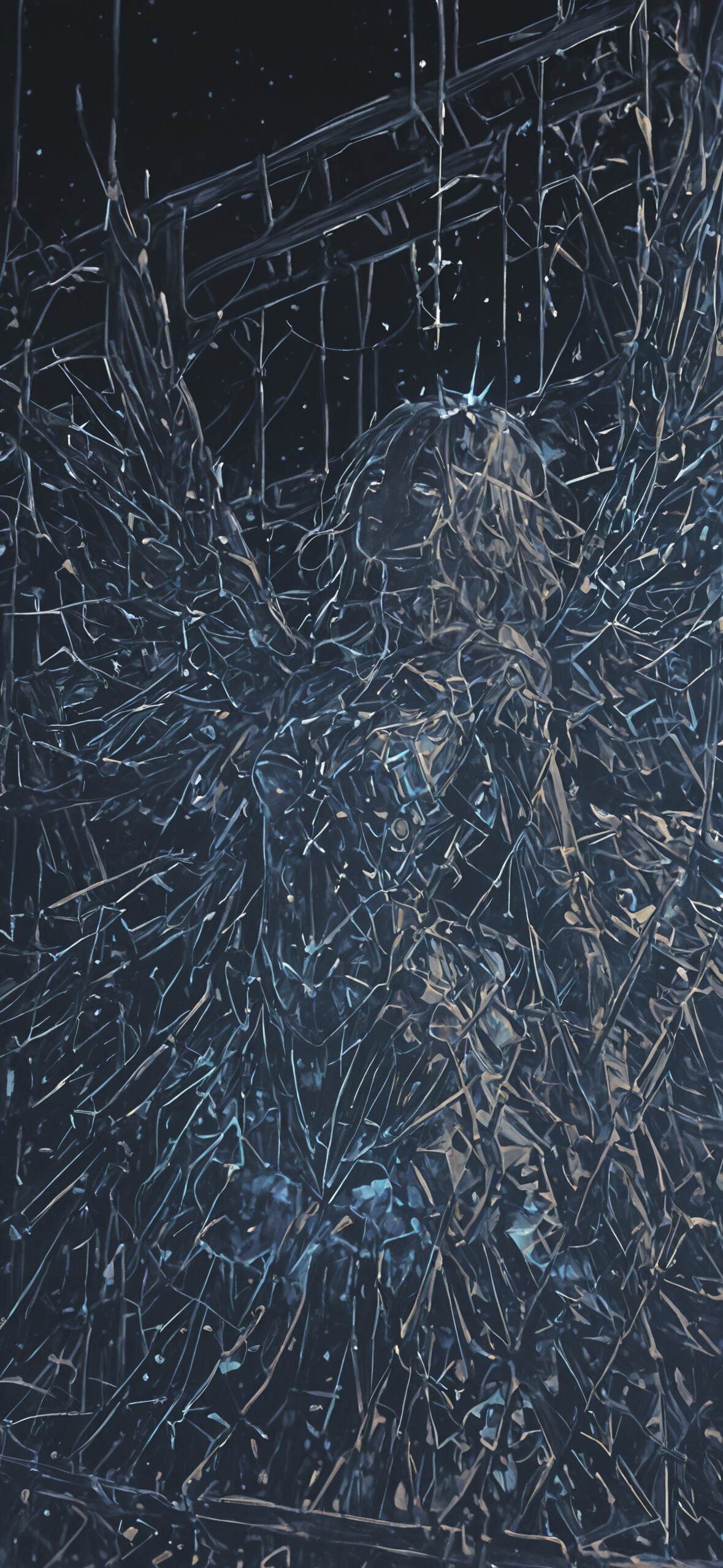 Una figura celestial y angelical, con grandes alas, se alza sobre un fondo oscuro y estrellado. La figura y sus alas están formadas por innumerables fragmentos brillantes de color azul y dorado, que recuerdan a estrellas destrozadas o a vidrio cósmico.