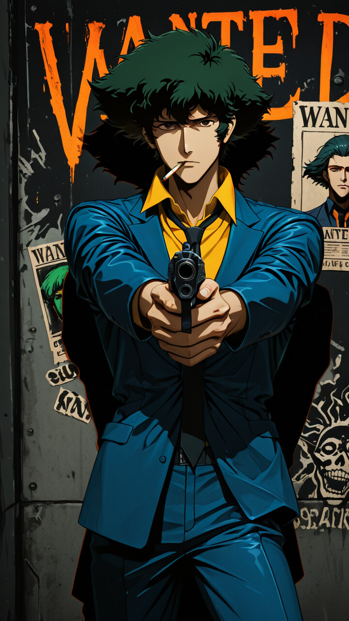 Ilustración al estilo anime de Spike Spiegel, de la serie Cowboy Bebop, apuntando con una pistola a la cámara. Tiene el pelo oscuro y despeinado, un cigarrillo en la boca y lleva un traje azul. Detrás de él, hay una pared con un gran cartel de neón que dice «SE BUSCA».
