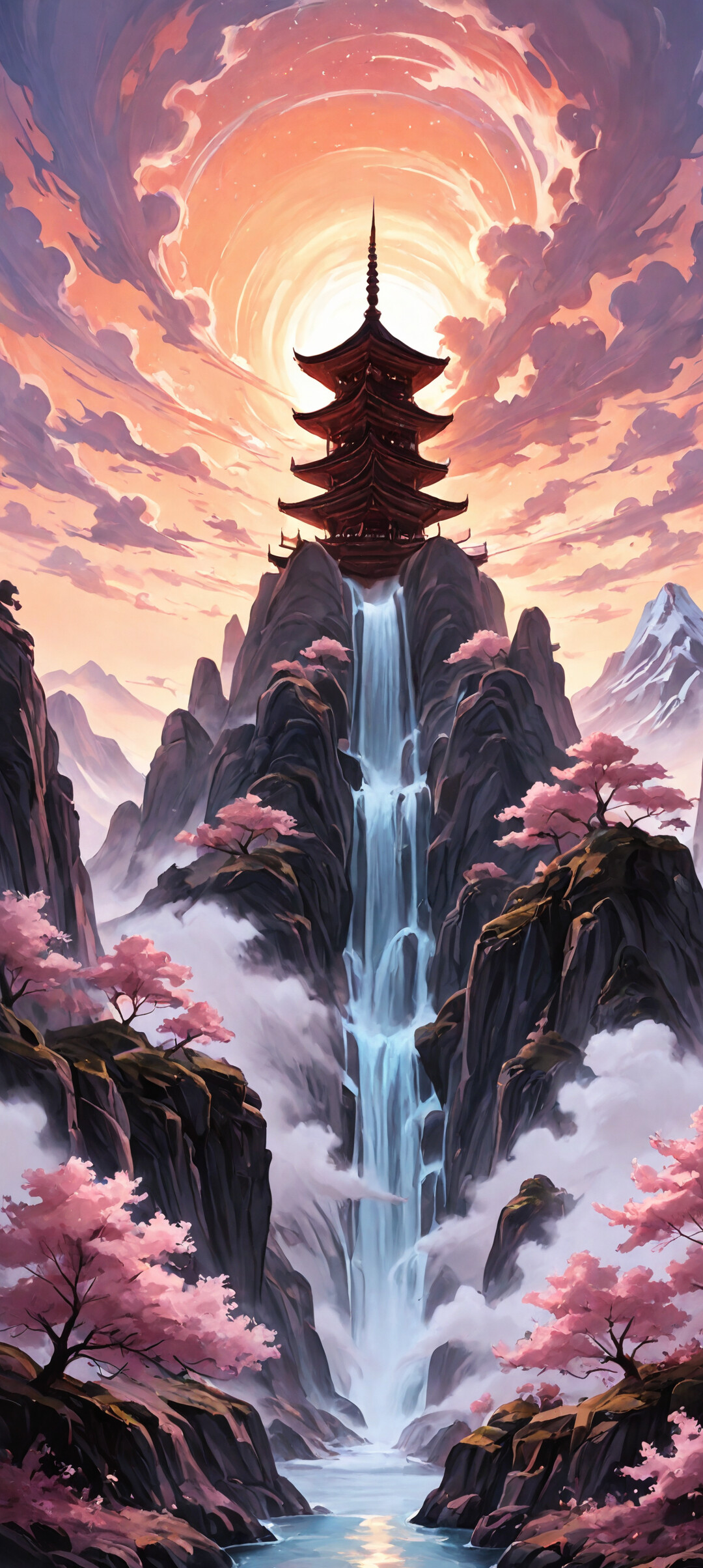 Una pintura digital vertical que representa un profundo cañón con pagodas asiáticas tradicionales en los acantilados, múltiples cascadas, un puente de piedra y árboles de cerezo en flor de color rosa, todo ello iluminado por el cálido resplandor de un atardecer.