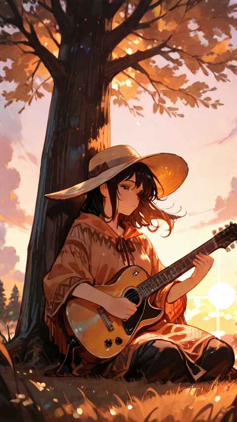 Una chica de estilo anime, con el pelo oscuro, que lleva un poncho y un sombrero de ala ancha, está sentada apoyada en un gran árbol al atardecer, tocando tranquilamente una guitarra acústica.