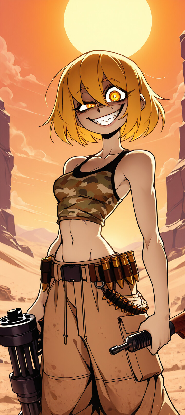 Una ilustración al estilo anime de Tanya Degurechaff, de la serie Saga of Tanya the Evil, con una sonrisa maníaca y ojos brillantes, sosteniendo una enorme ametralladora en un entorno desértico.