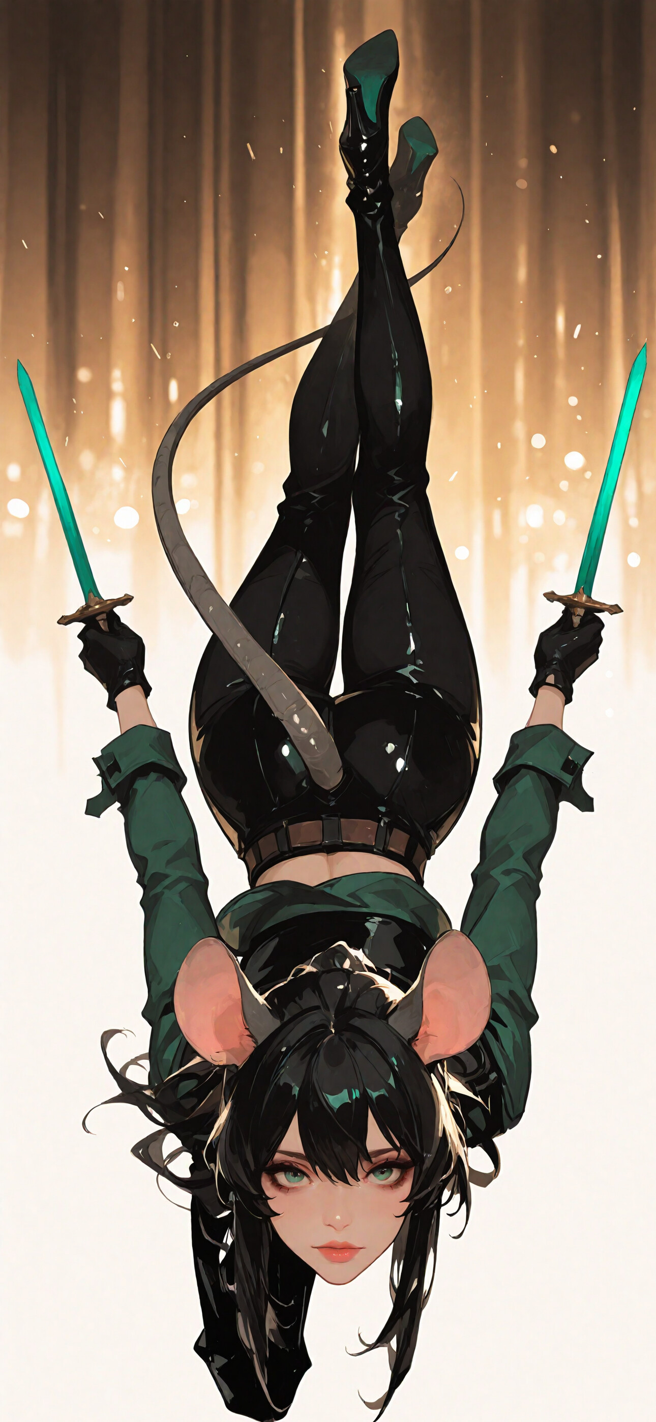 Una joven protagonista de anime, de cabello negro, ojos verdes, grandes orejas de ratón y una larga cola de ratón, vestida como una aventurera con una camisa verde y pantalones negros, está tendida en un suelo de baldosas blancas, mirando directamente a la cámara.