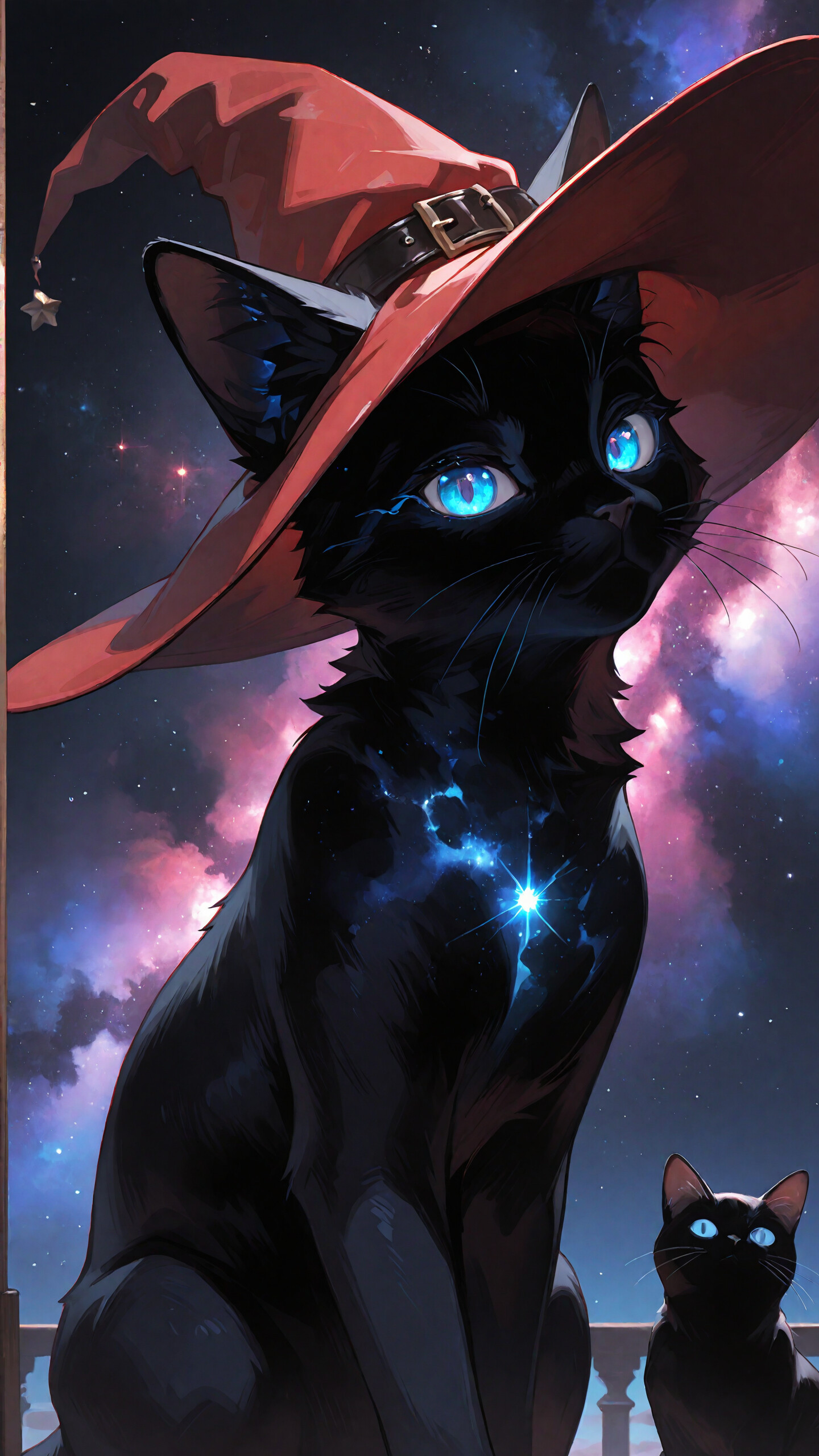 Una ilustración digital de un elegante gato negro con ojos azules brillantes, que lleva puesto un gran sombrero rojo de bruja. El gato está sentado y mira directamente al espectador, con un fondo de cielo nocturno lleno de nebulosas de color púrpura y rojo.