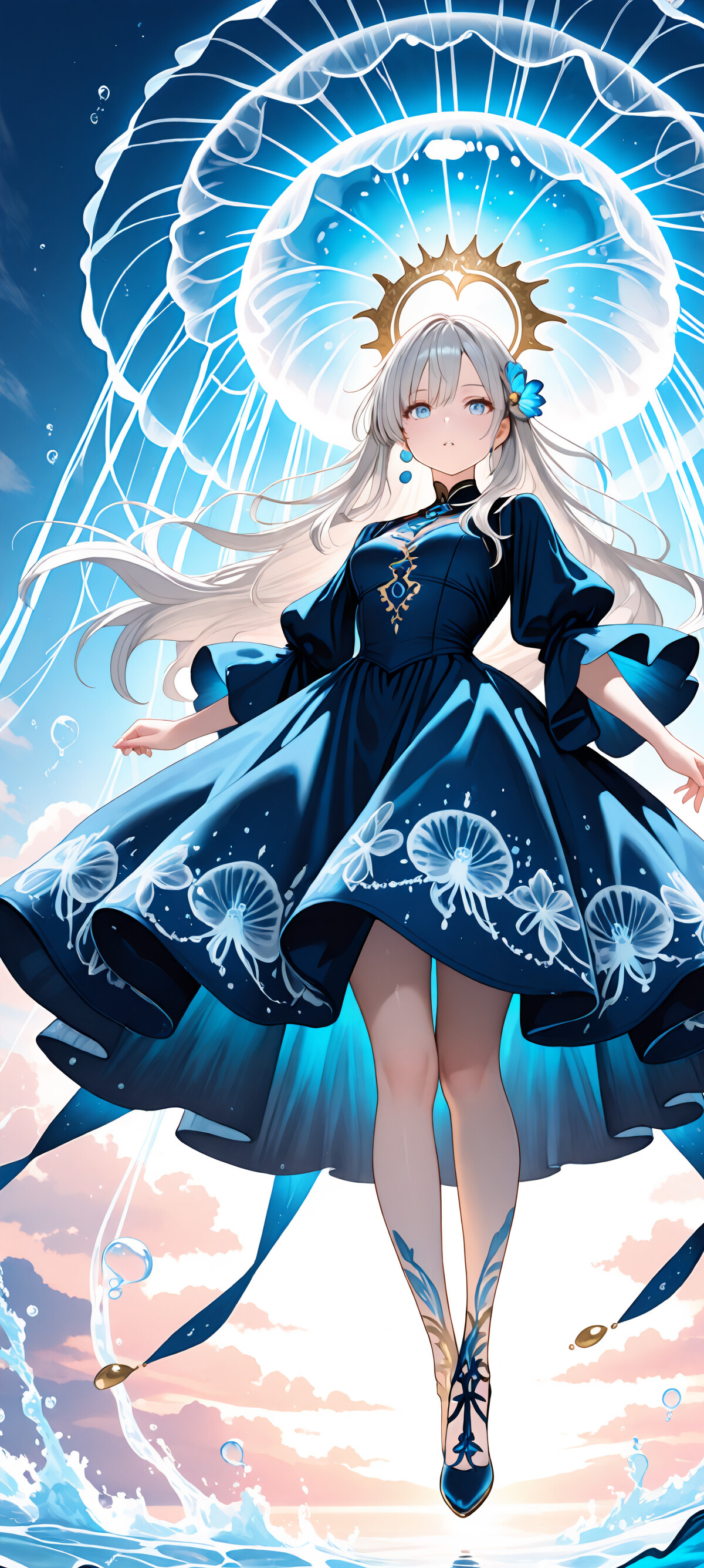 Una chica de anime, con el pelo largo y plateado y un vestido azul oscuro, está de pie sobre la superficie del agua. Lleva una gran medusa azul luminiscente sobre la cabeza, como si fuera un sombrero, y el fondo es de un color azul celeste.