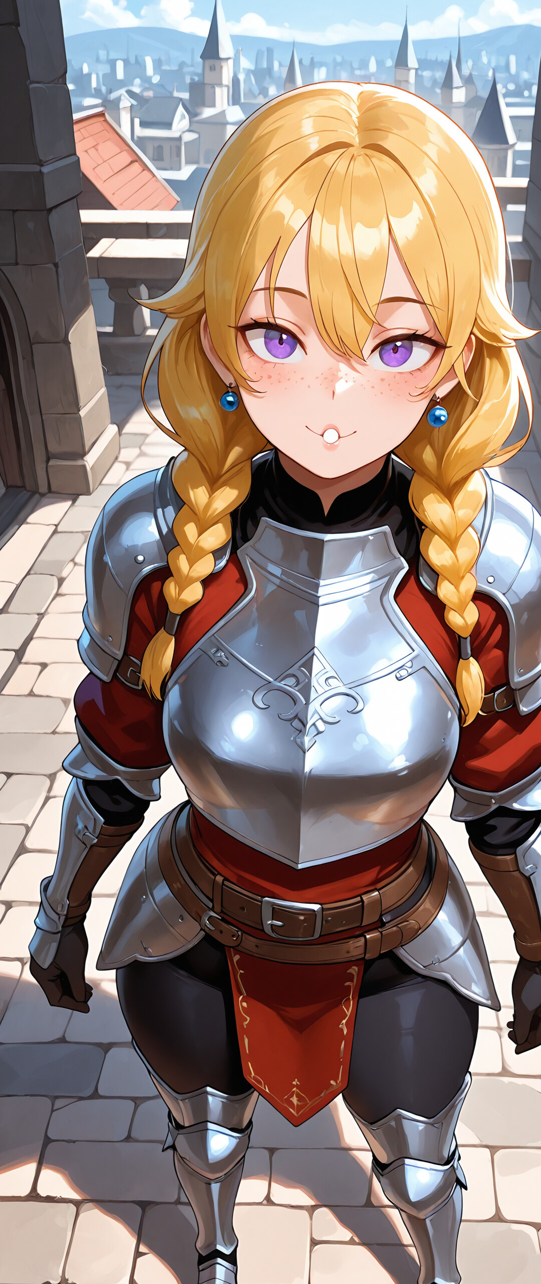Una joven caballero, de cabellos rubios recogidos en trenzas y ojos morados, ataviada con una armadura plateada sobre una túnica púrpura, se encuentra de pie sobre un puente de piedra en una ciudad medieval, sonriendo y mirando al espectador.