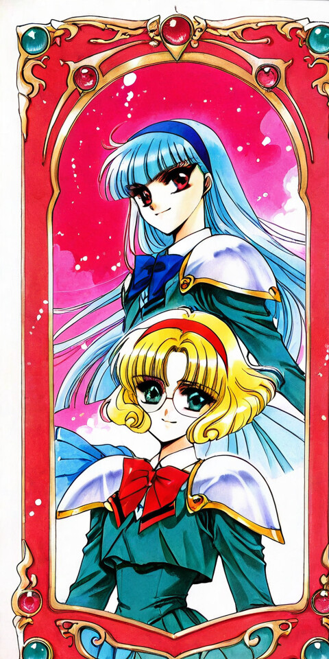 Ilustración de cuerpo entero de Hikaru Shidou, Umi Ryuuzaki y Fuu Hououji, personajes de Magic Knight Rayearth. Hikaru tiene el pelo rojo, Umi tiene el pelo azul y Fuu tiene el pelo rubio y lleva gafas. Llevan uniformes escolares con armadura y están de pie frente a un gran marco circular dorado y ornamentado.