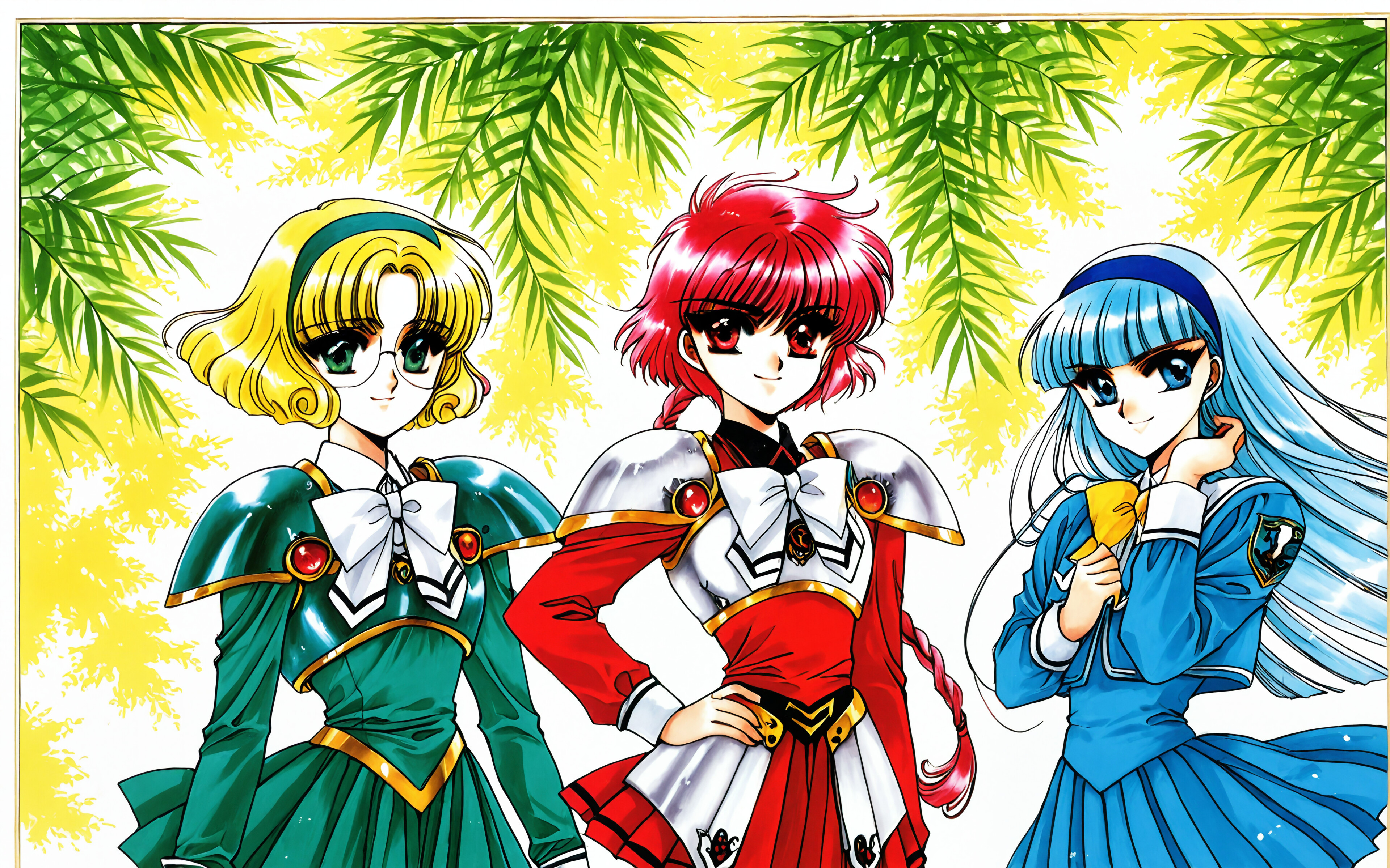 Ilustración de cuerpo entero de Hikaru Shidou, Umi Ryuuzaki y Fuu Hououji, personajes de Magic Knight Rayearth. Hikaru tiene el pelo rojo, Umi tiene el pelo azul y Fuu tiene el pelo rubio y lleva gafas. Llevan uniformes escolares con armadura y están de pie frente a un gran marco circular dorado y ornamentado.
