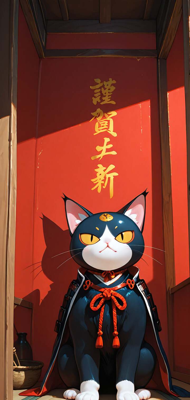 Una ilustración de estilo anime que representa un gato atigrado de blanco y negro, sentado erguido. El gato tiene grandes ojos amarillos, un collar rojo y marcas rojas en la cara que recuerdan a las de un guerrero. Se encuentra dentro de una habitación de estilo japonés, junto a una mampara shoji.