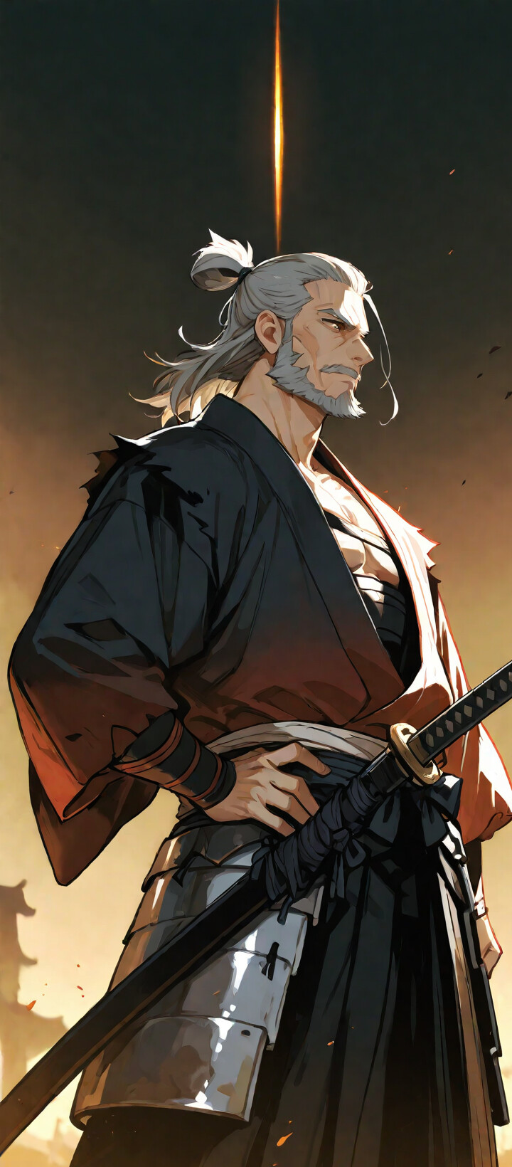 Una ilustración de estilo anime que representa a un anciano samurái, musculoso, con el pelo y la barba grises, vestido con un kimono negro y una armadura parcial, que se mantiene firme en un campo de batalla al amanecer.