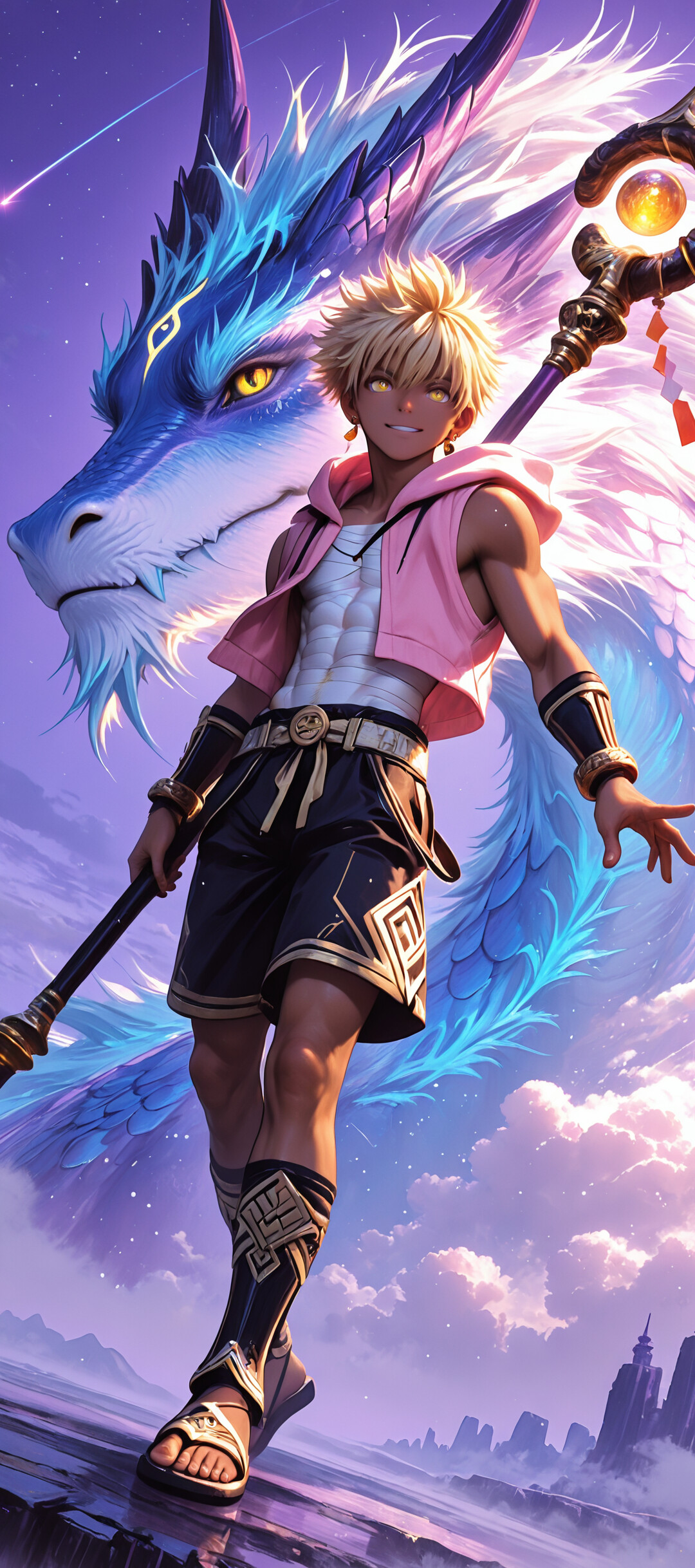 Un joven de cabello rubio y con una sudadera rosa sostiene un báculo mágico, y está de pie frente a un enorme dragón azul y púrpura, bajo un cielo púrpura lleno de estrellas.