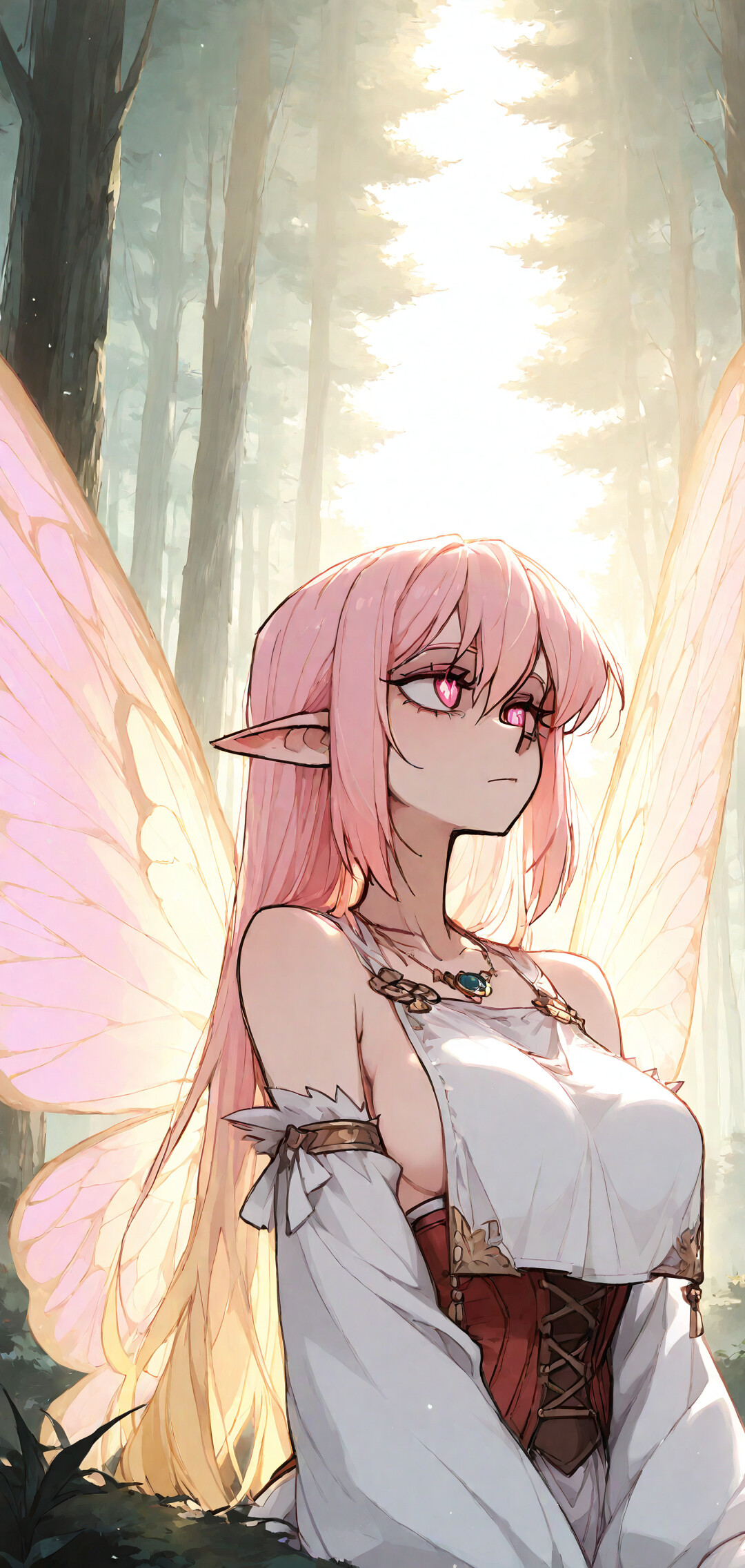 Una ilustración al estilo anime de la reina de las hadas, Titania, una hermosa mujer de aspecto élfico con el pelo largo, rubio y rosa, grandes alas de mariposa de color rosa y orejas puntiagudas, que está de pie en un bosque iluminado por el sol.