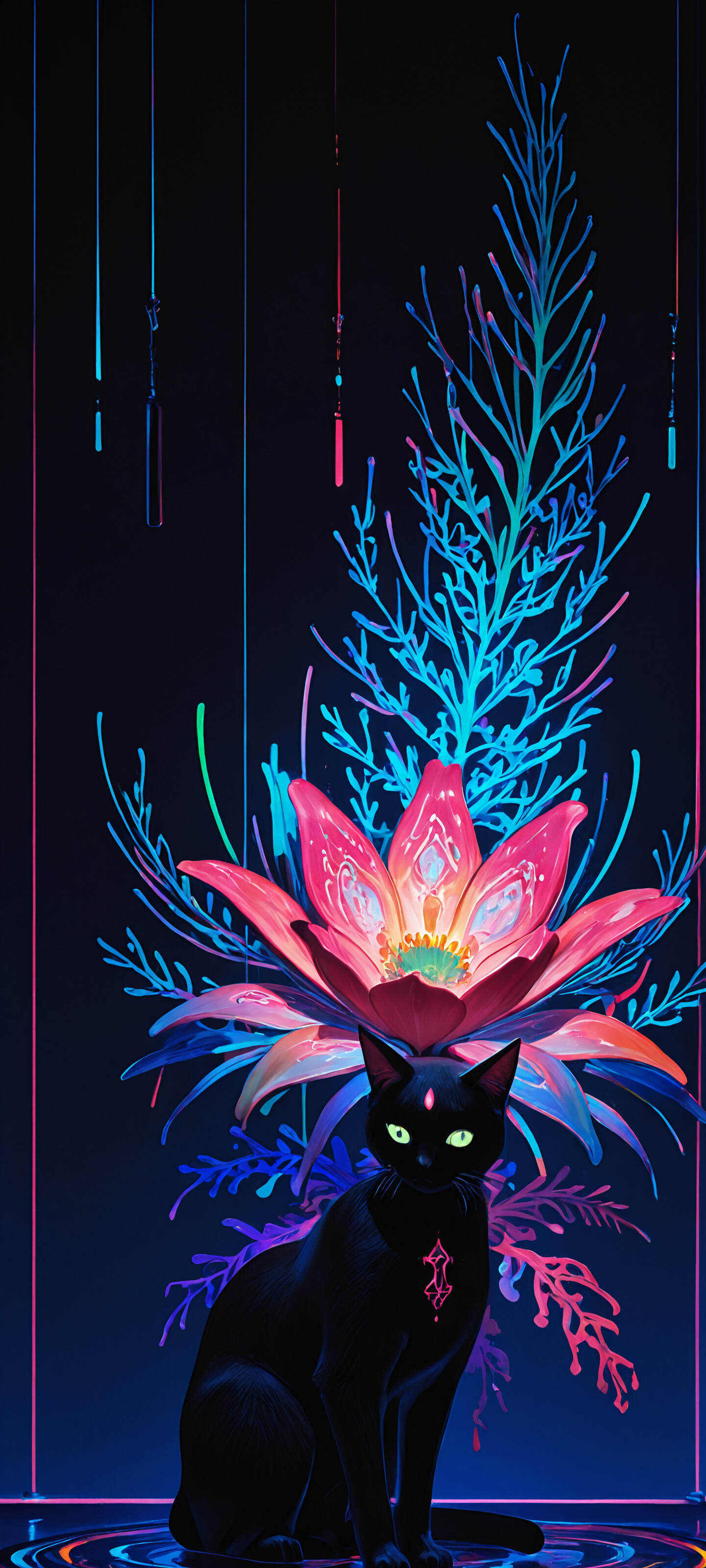 Un gato negro está de pie sobre un suelo de neón con diseños, frente a un gran jarrón que contiene un espectacular ramo de flores que brillan con una luz rosa y azul intensa, contrastando con un fondo oscuro y futurista.