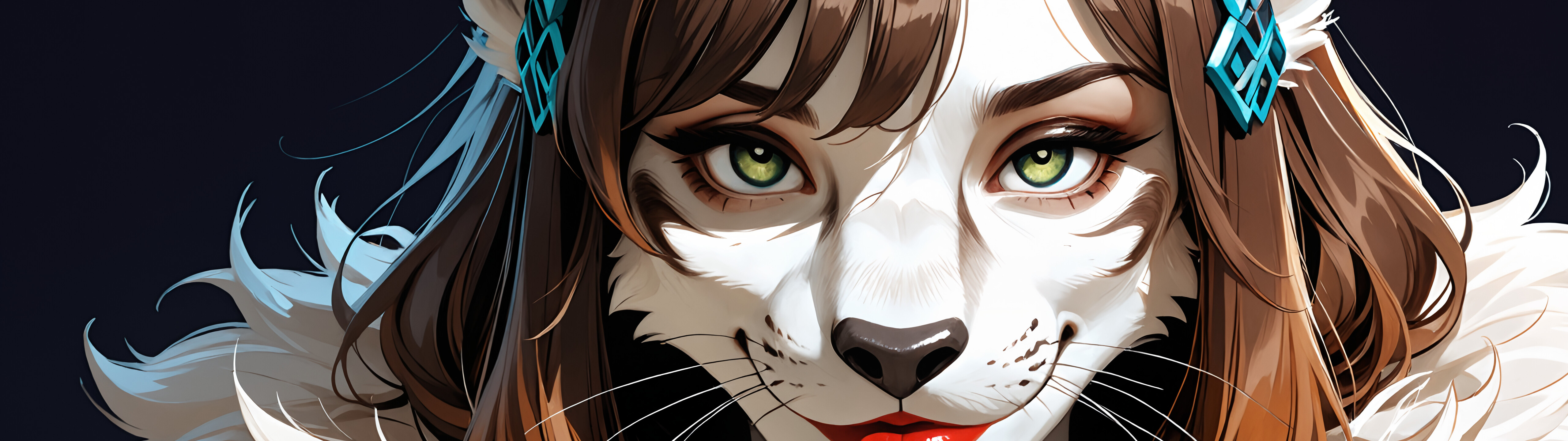 Un retrato detallado de una leoparda antropomórfica llamada Zinx, con el pelo largo y castaño, unos ojos verdes brillantes, unos labios rojos y un guante negro, que sonríe suavemente al espectador.