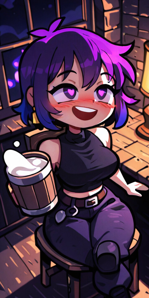 Una ilustración de estilo anime que representa a una chica con el pelo corto, de color morado y azul, sonriendo alegremente mientras sostiene una gran jarra de madera llena de cerveza en una acogedora taberna iluminada con velas durante la noche.