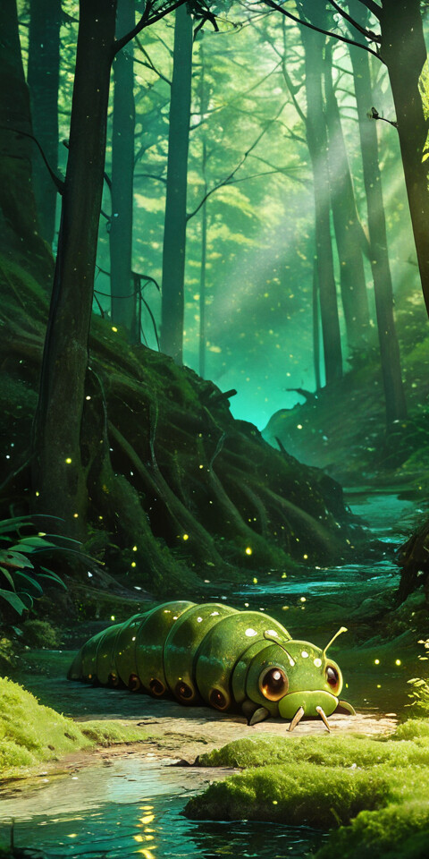 Una chica con un estilo de anime y cabello castaño, vestida con un gran disfraz de oruga verde, está tendida sobre el suelo cubierto de musgo de un bosque mágico, mordisqueando alegremente una hoja mientras se protege bajo el cuerpo de la criatura.