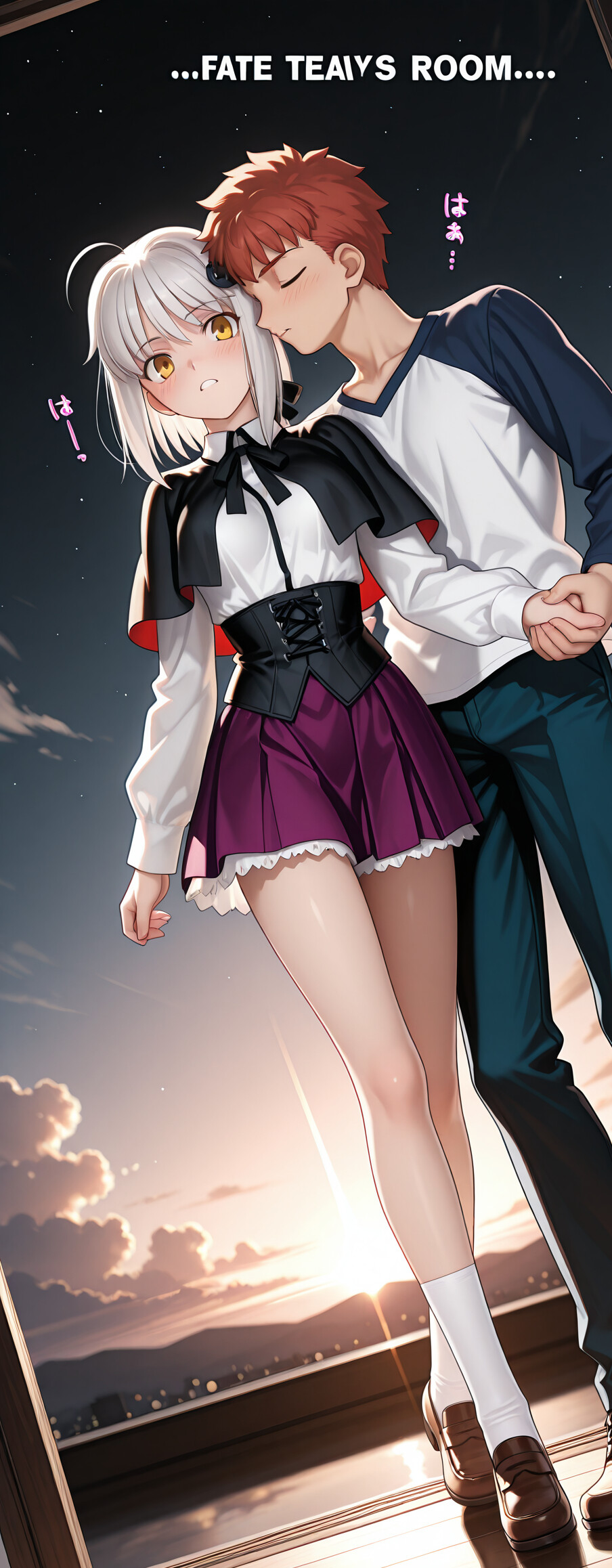 Una chica de anime, de cabello blanco y con los ojos cerrados, está sentada en el regazo de un desconcertado Emiya Shirou, de Fate/stay night, y le besa la mejilla en una habitación tenuemente iluminada durante la noche.